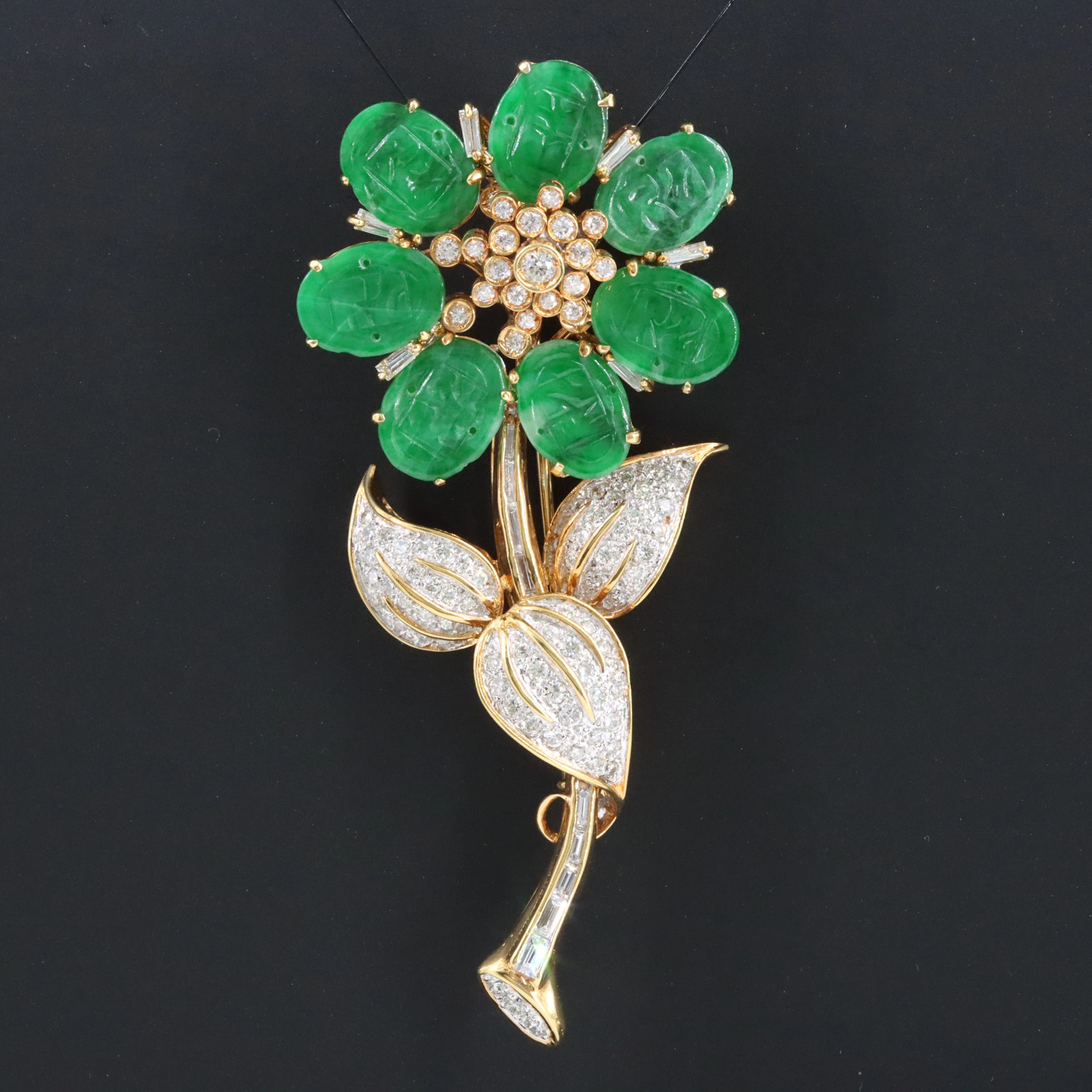 18K 2.25 CTW Diamond and Jadeite Flower Tremble Brooch, Vintage