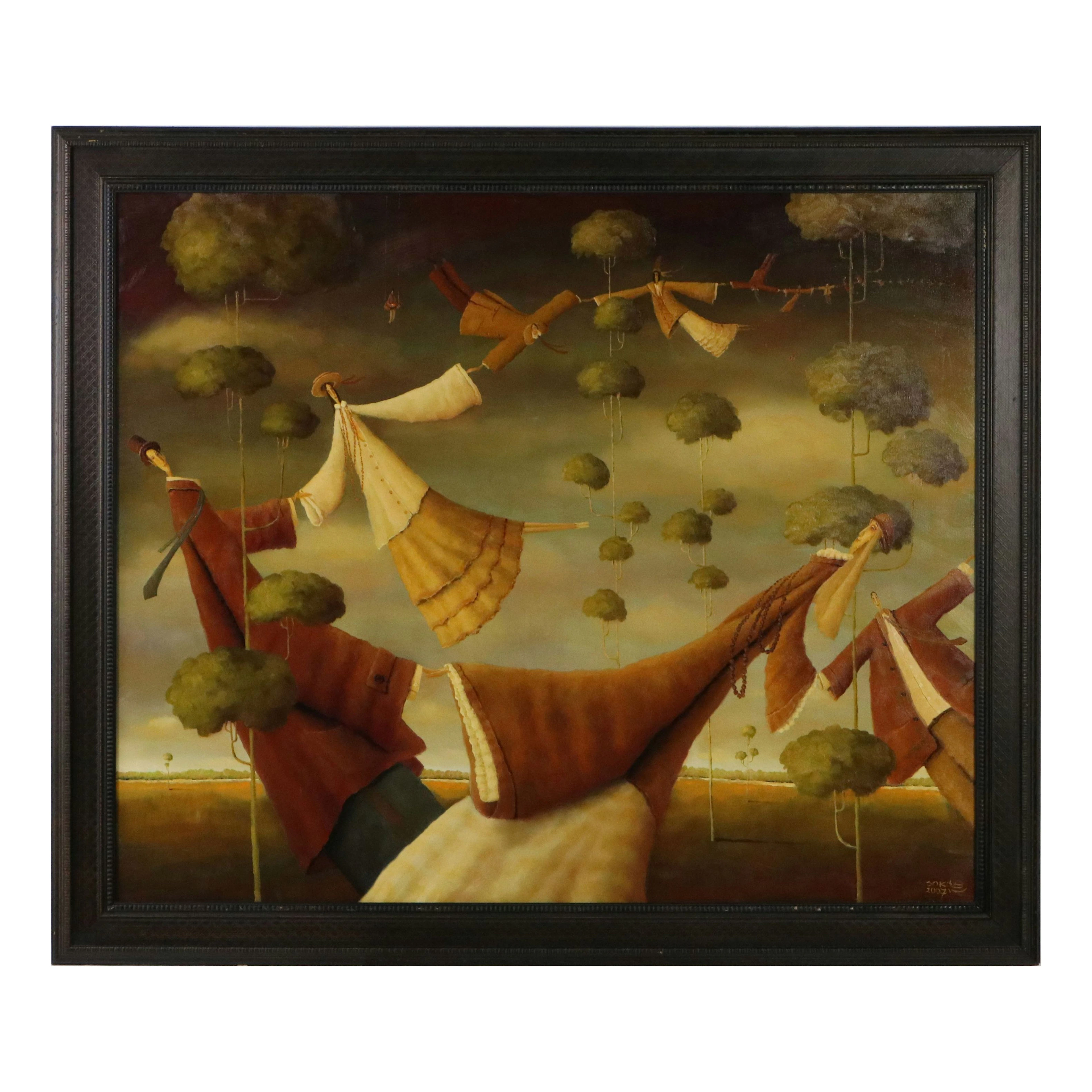Leszek Sokół Surrealist Oil Painting of Human Chain, 2006