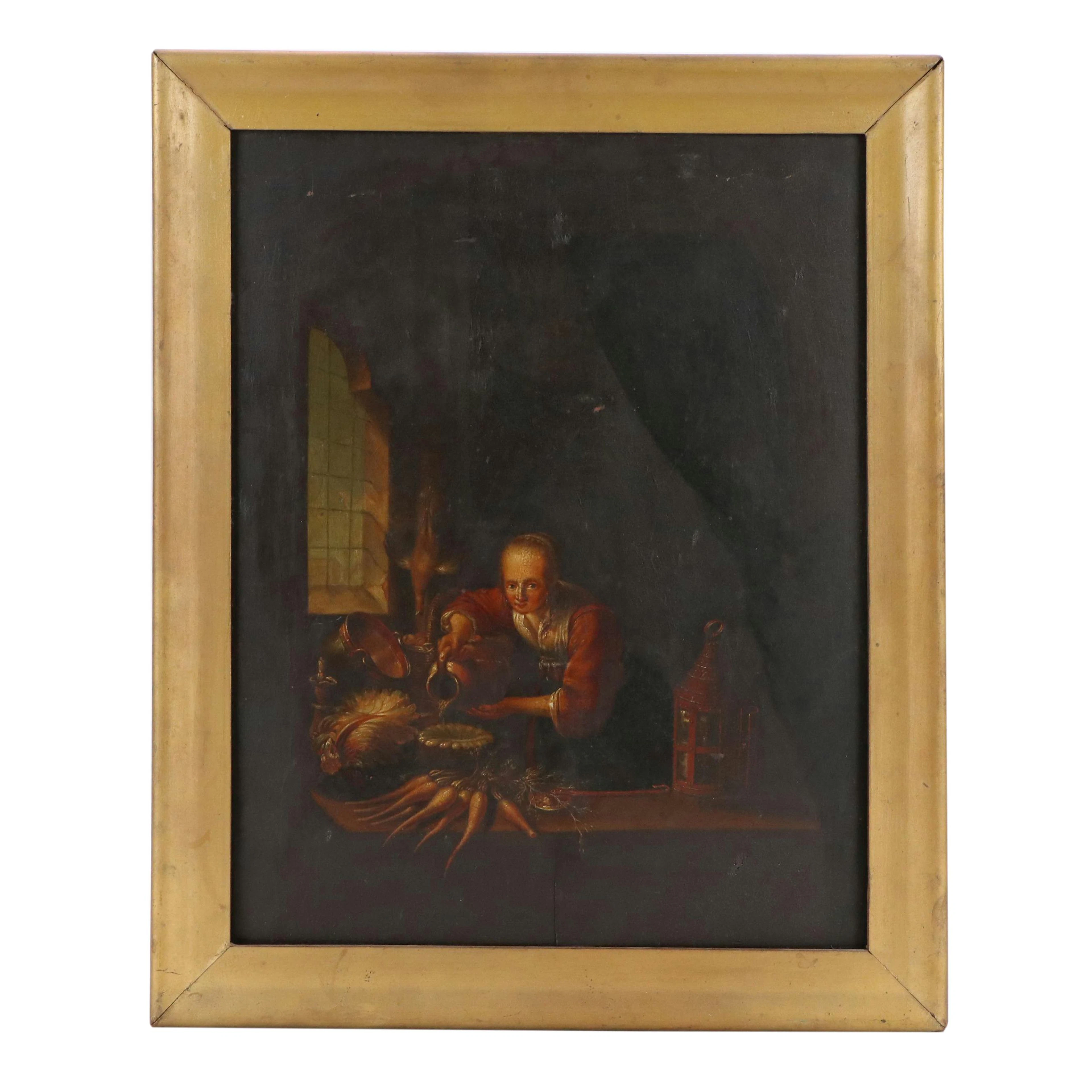 Dutch School Oil Painting "La Cuisinière Hollandaise" After Gerrit Dou, 18th C.