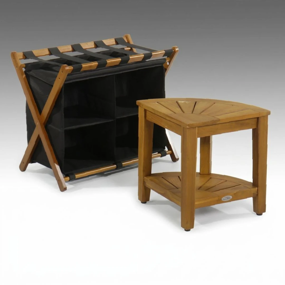 AquaTeak Shower Corner Seat with Luggage Stand with Shoe Caddies, 21st Century