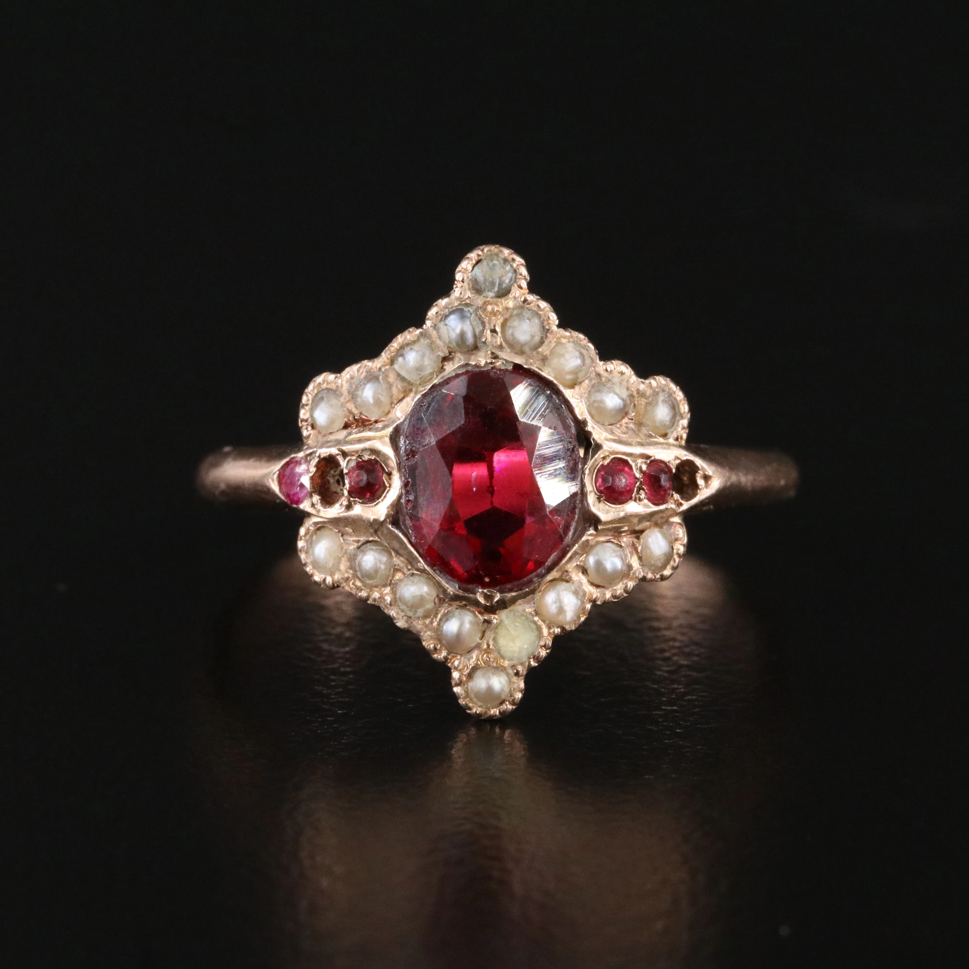 Victorian 10K Garnet Glass Doublet, Glass, and Pearl Ring