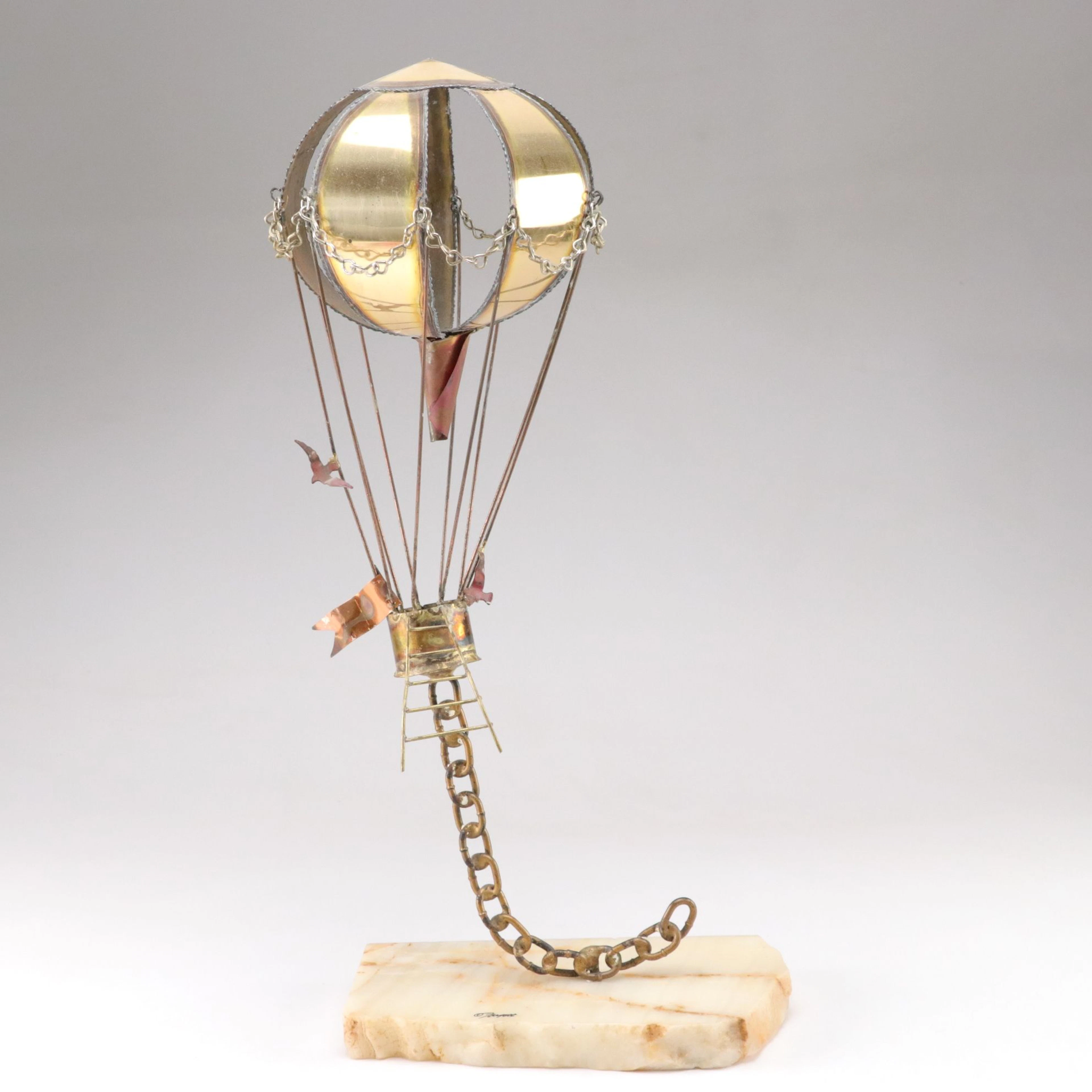 DeMott Brass Hot-Air Balloon Sculpture on Alabaster Base, Late 20th Century