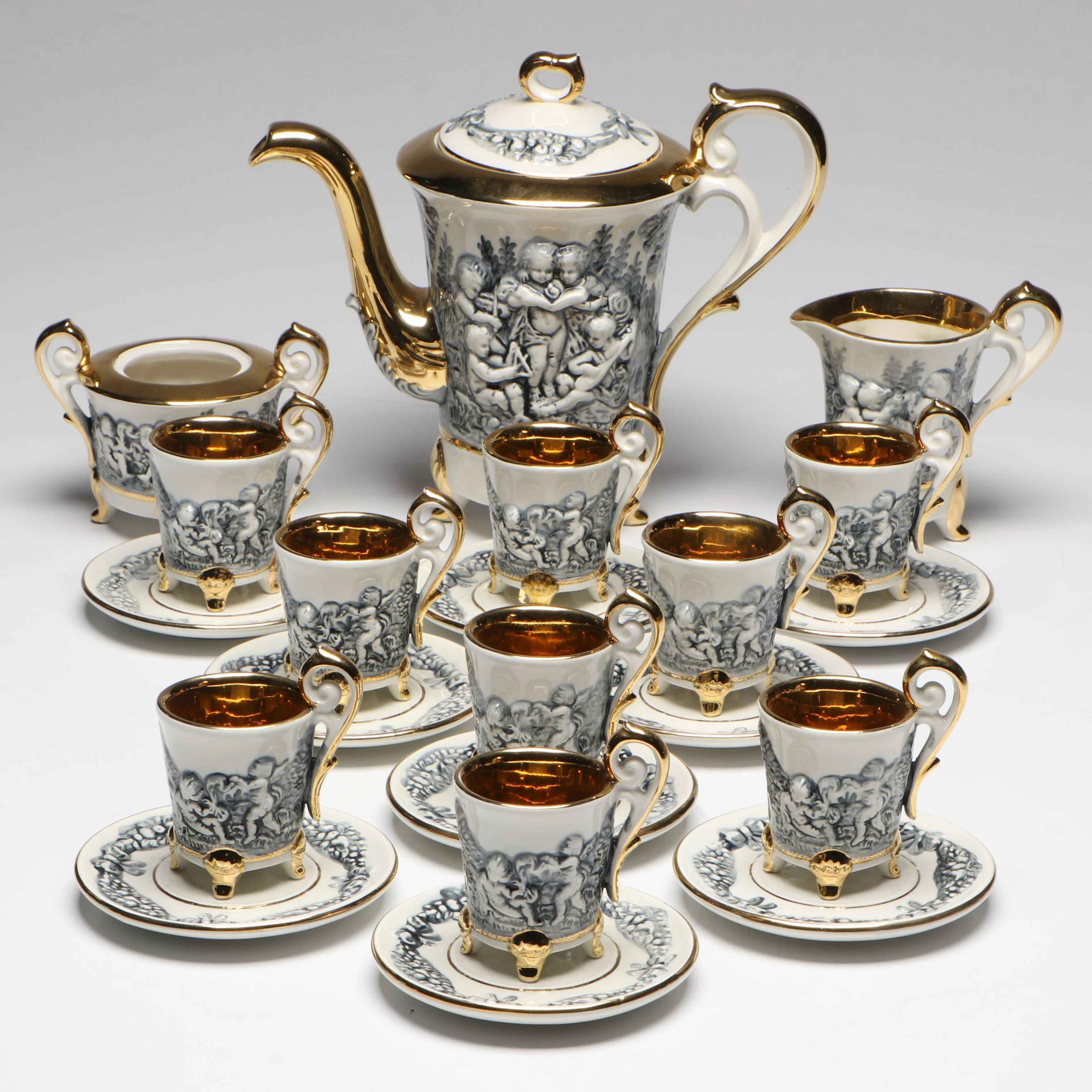 GV Capodimonte Gilt Porcelain Putti Tea Service, Vintage