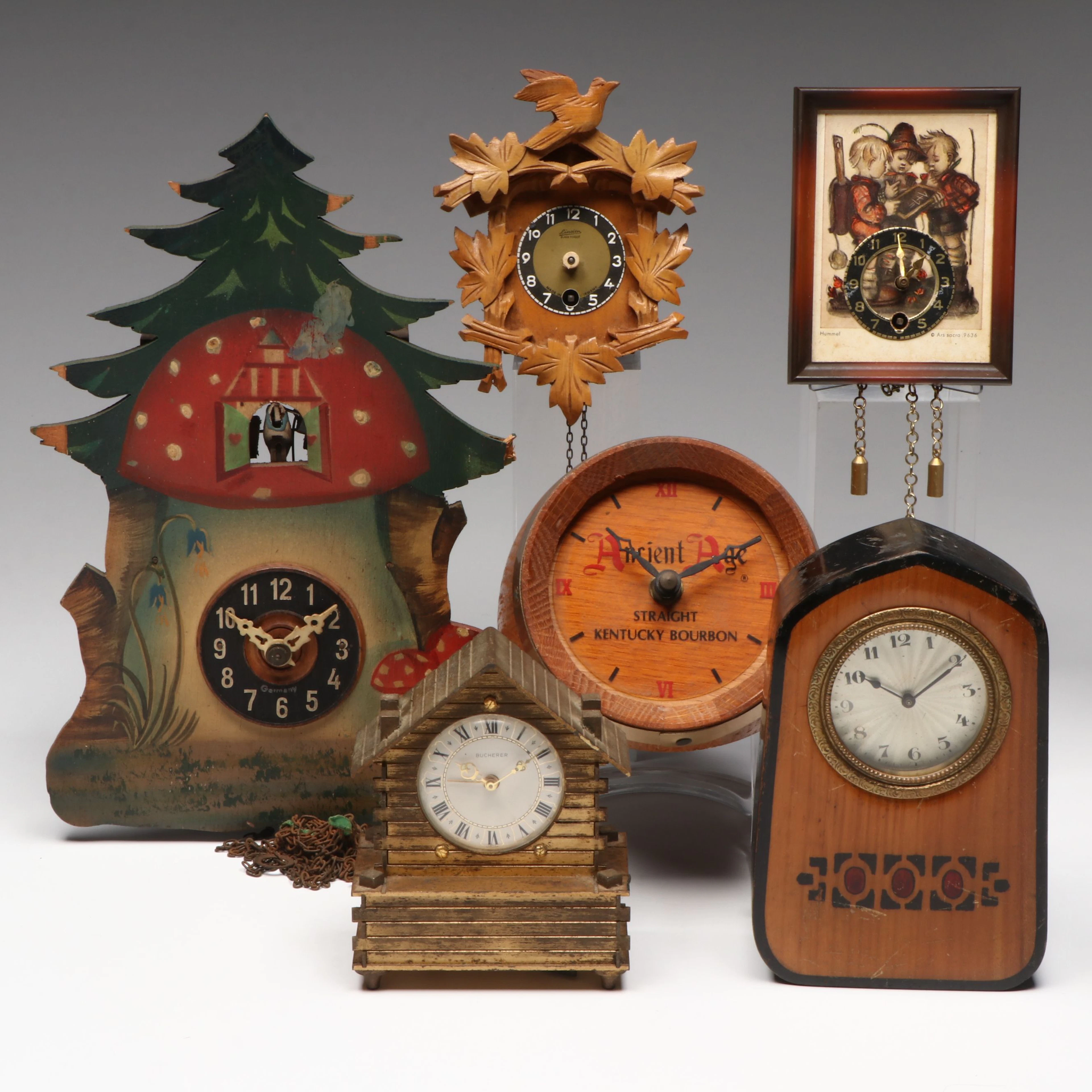 German Black Forest Style with Other Rustic Wood and Brass Clocks