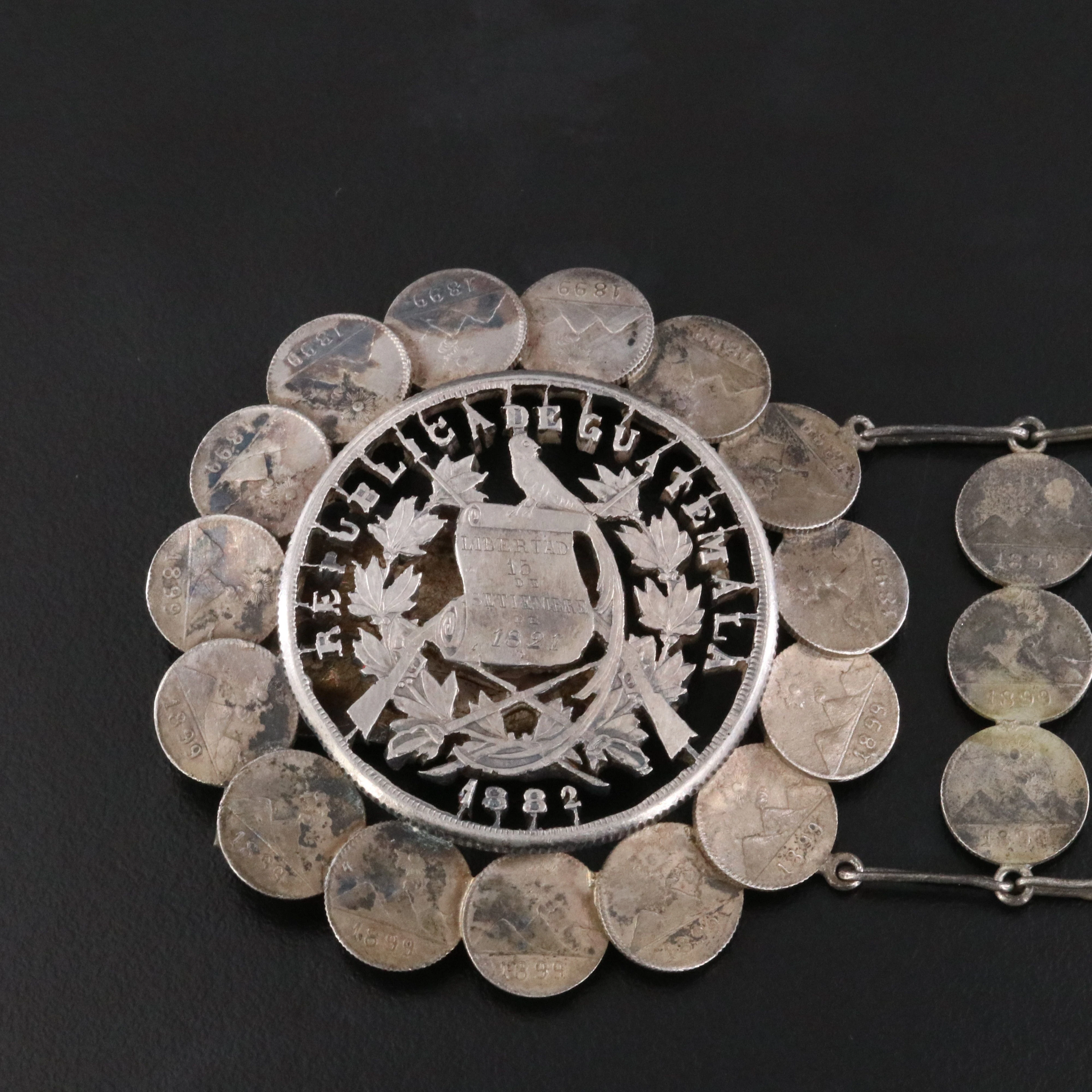 Late 1800s Guatemalan 25 Centavos Cutout & 1/4 Real Coin Belt