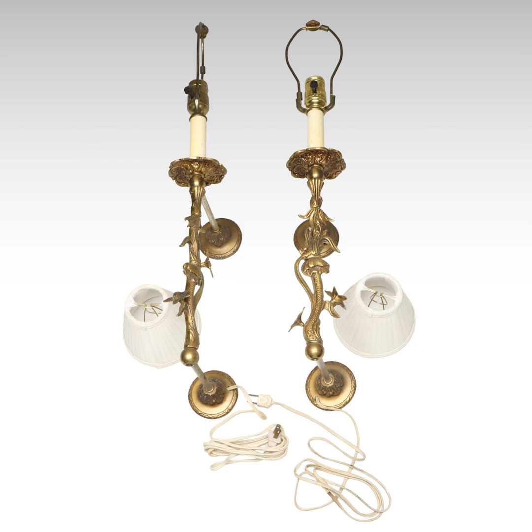 Pair of Art Nouveau Brass Lily and Blooms Wall Lights