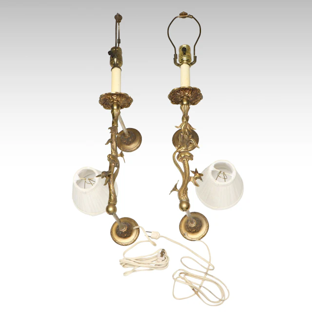 Pair of Art Nouveau Brass Lily and Blooms Wall Lights