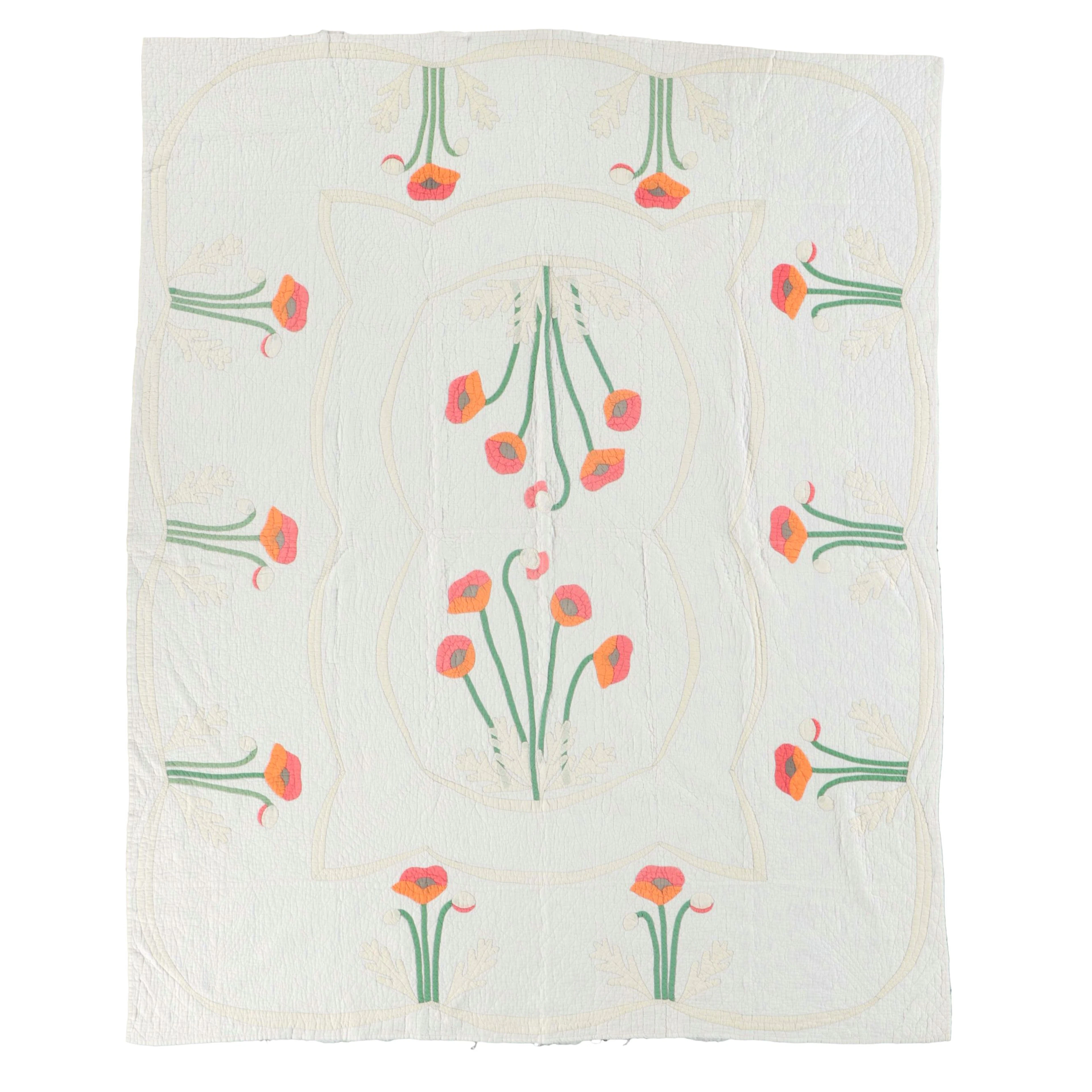 Handmade Poppy Appliqué Quilt, Late 20th Century