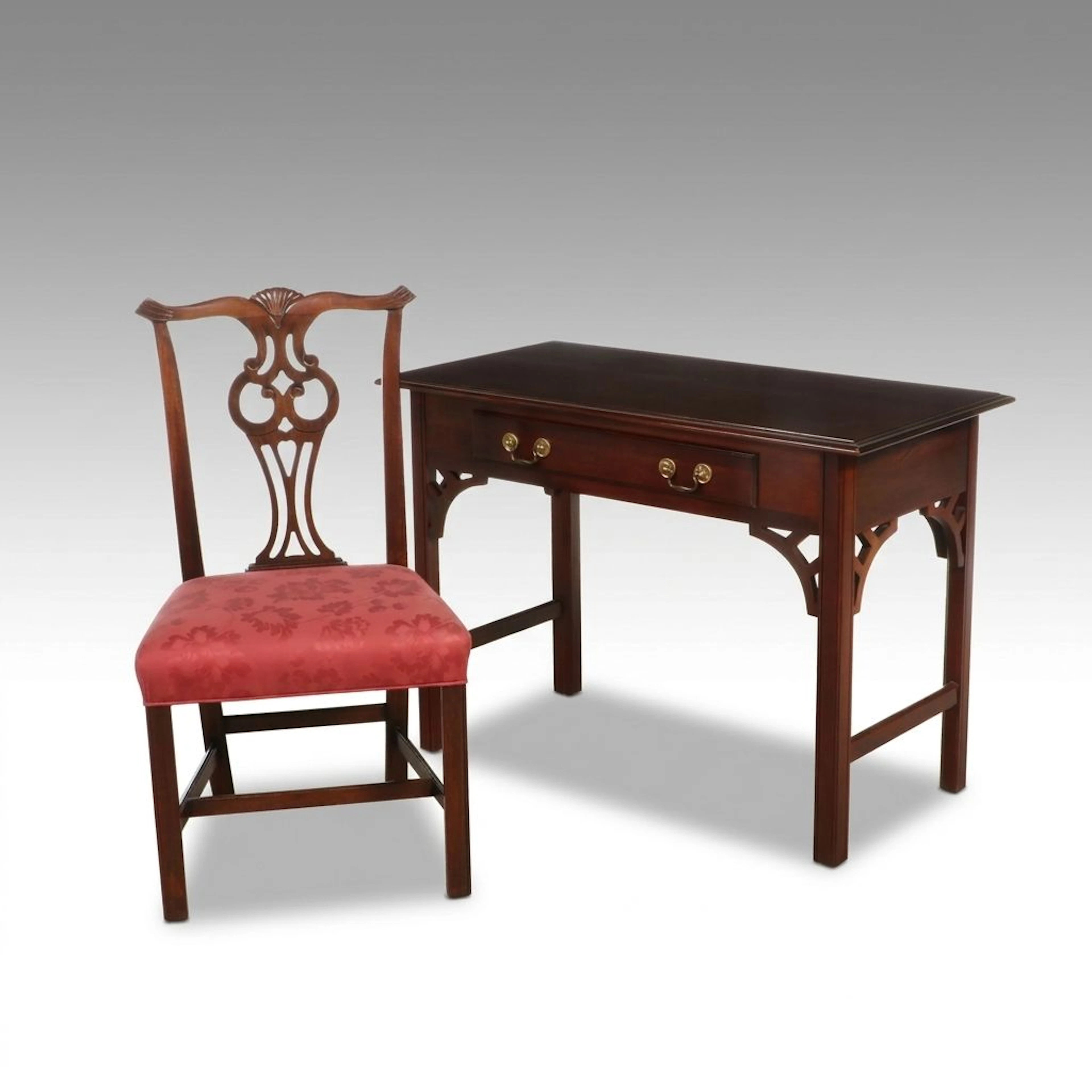 Chinese Chippendale Style Single-Drawer Mahogany Desk with Chair