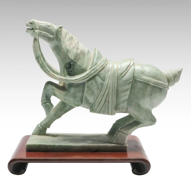 Chinese Tang Style Carved Serpentine Horse on Wooden Base