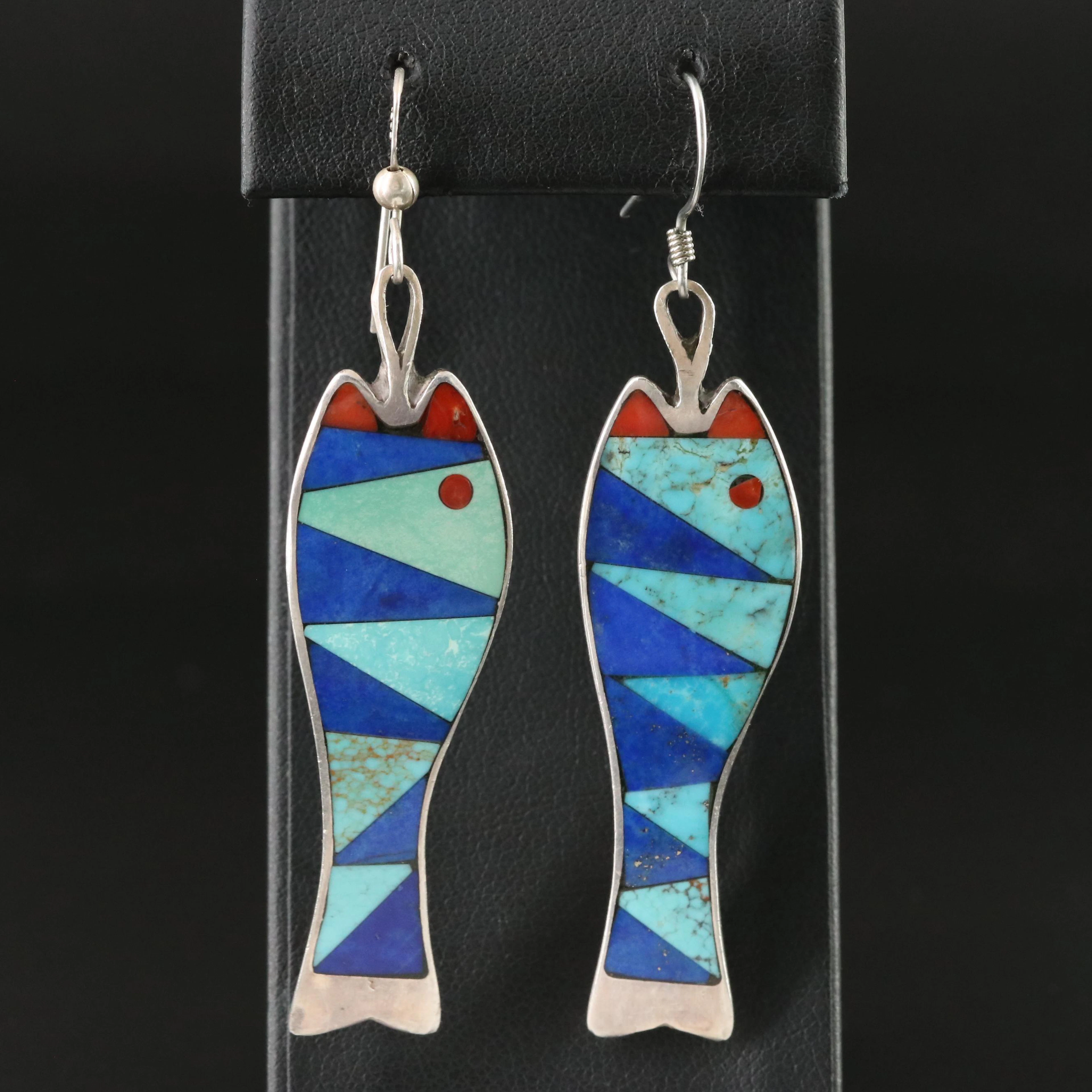 Sterling Turquoise, Coral and Lapis Lazuli Fish Earrings