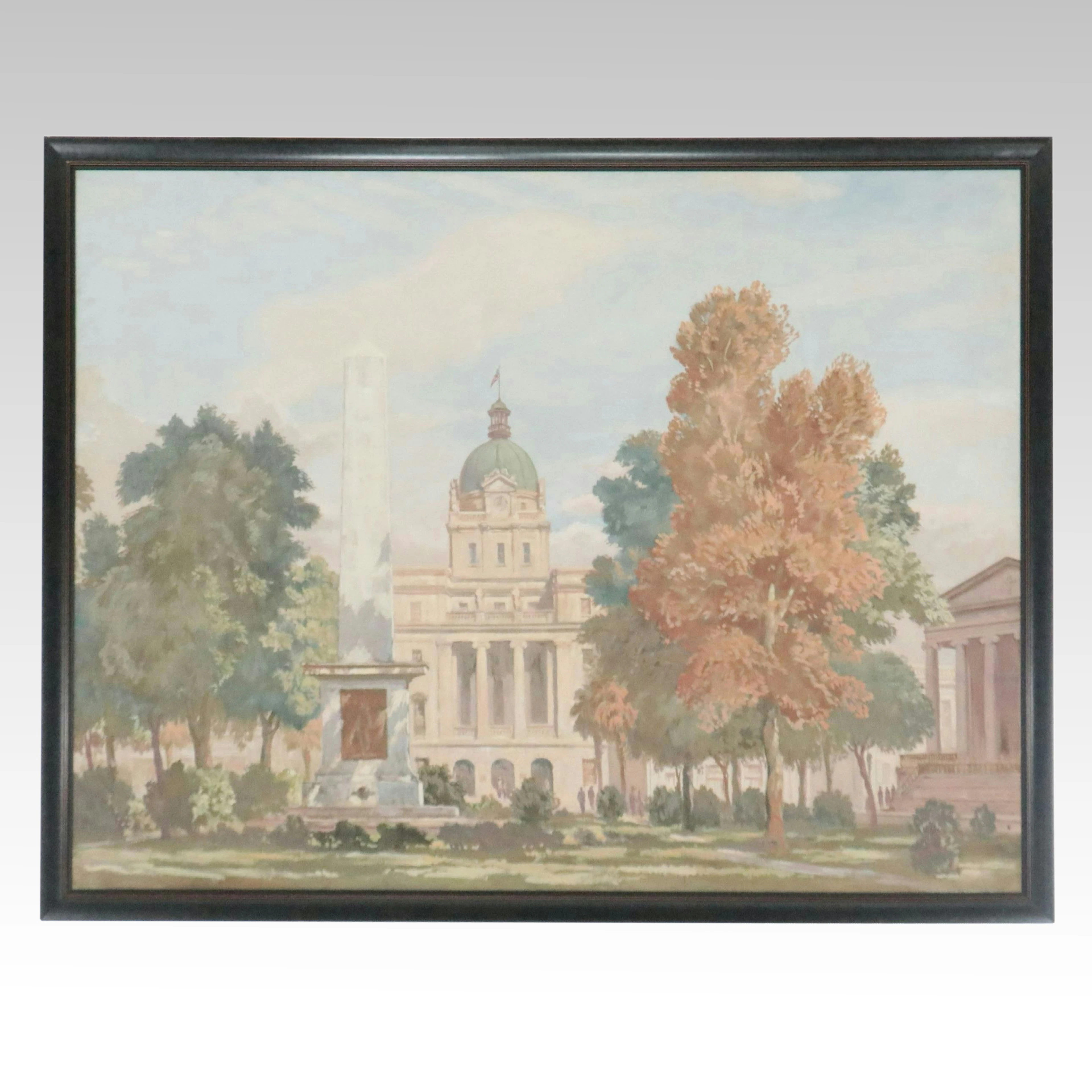 Christopher Murphy Tempera Painting of Johnson Square (Savannah GA), Circa 1955