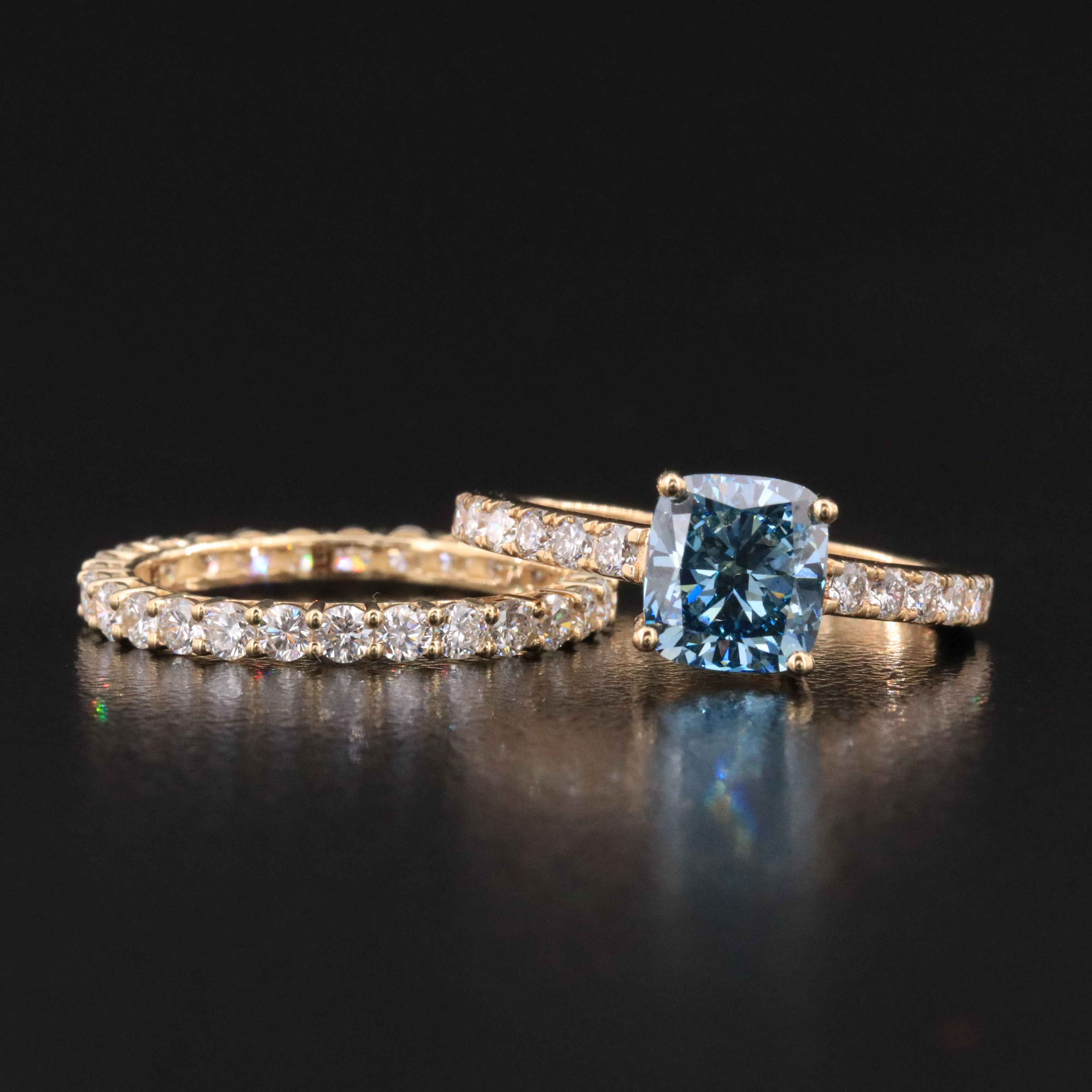 14K 3.23 CTW Lab Grown Diamond Ring with Fancy Blue Center and Eternity Band