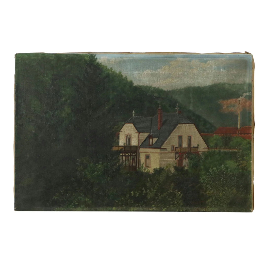 American School Architectural Oil Painting of House in Wooded Hills