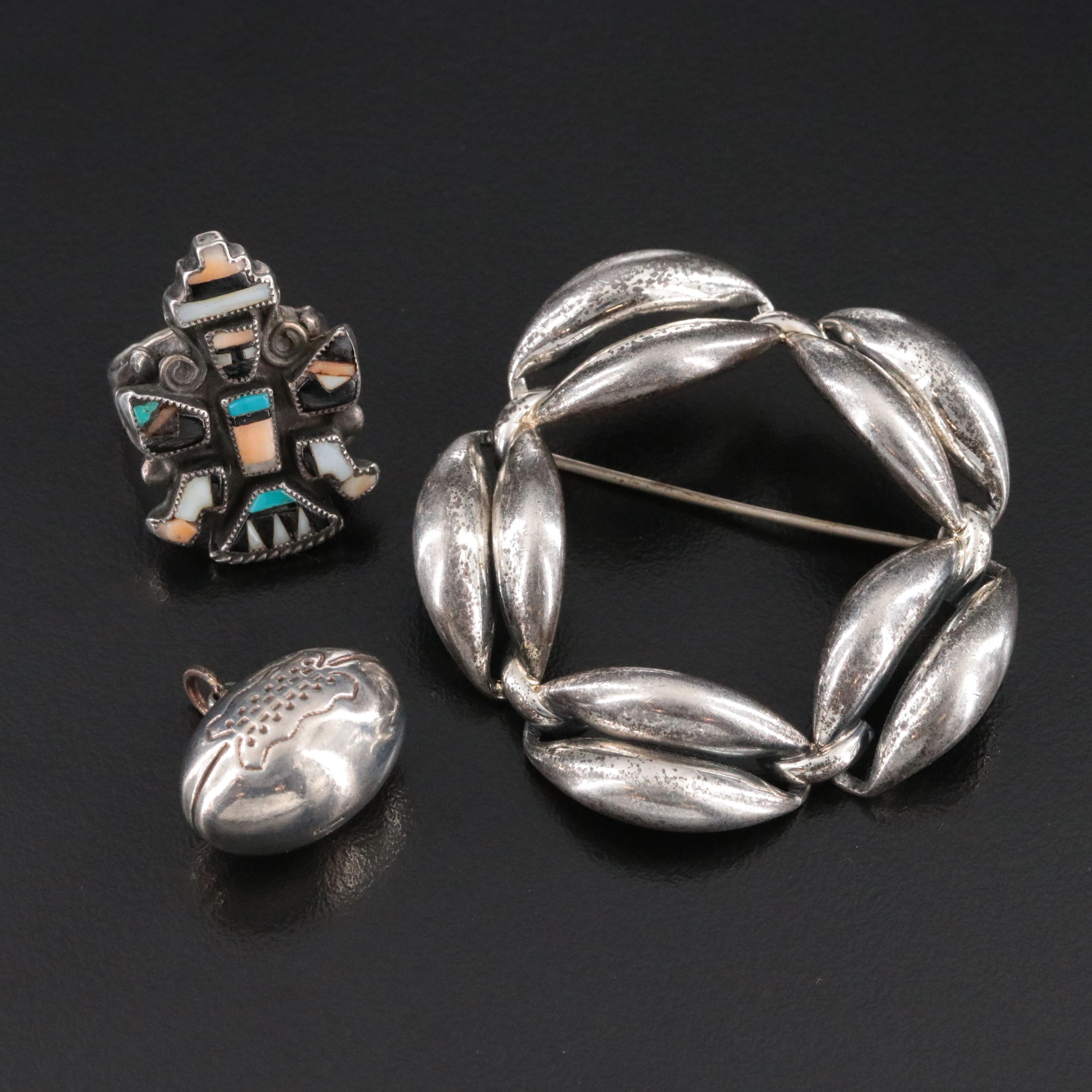 Sterling Danecraft Circle Brooch, Football Charm Pendant & Knifewing Inlay Ring