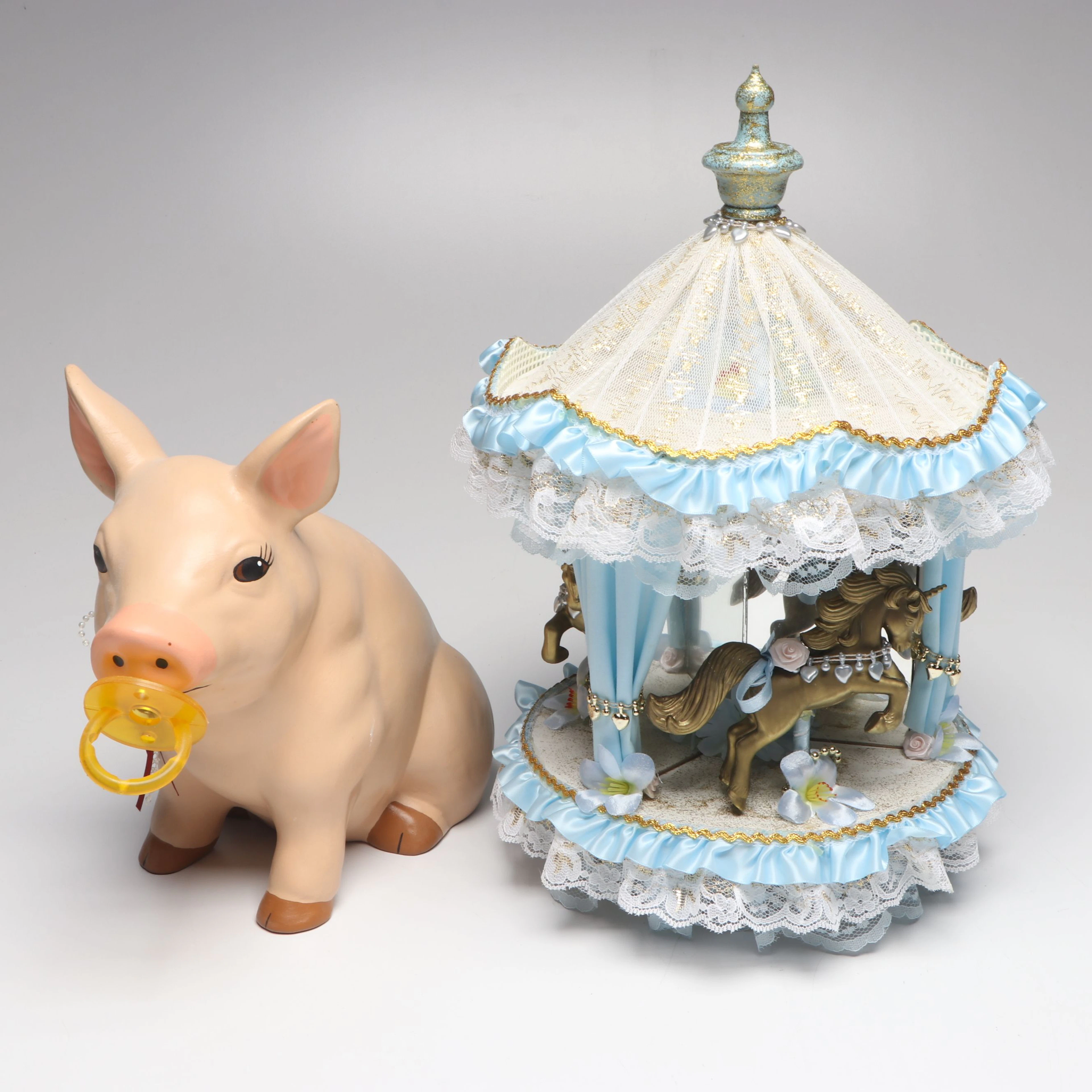 Blue and White Ruffled Musical Carousel with Piggy Bank
