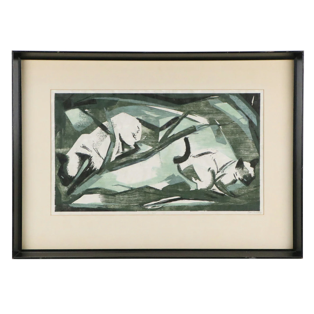 Dan Quest Stylized Woodblock Print of Two Cats, 1963
