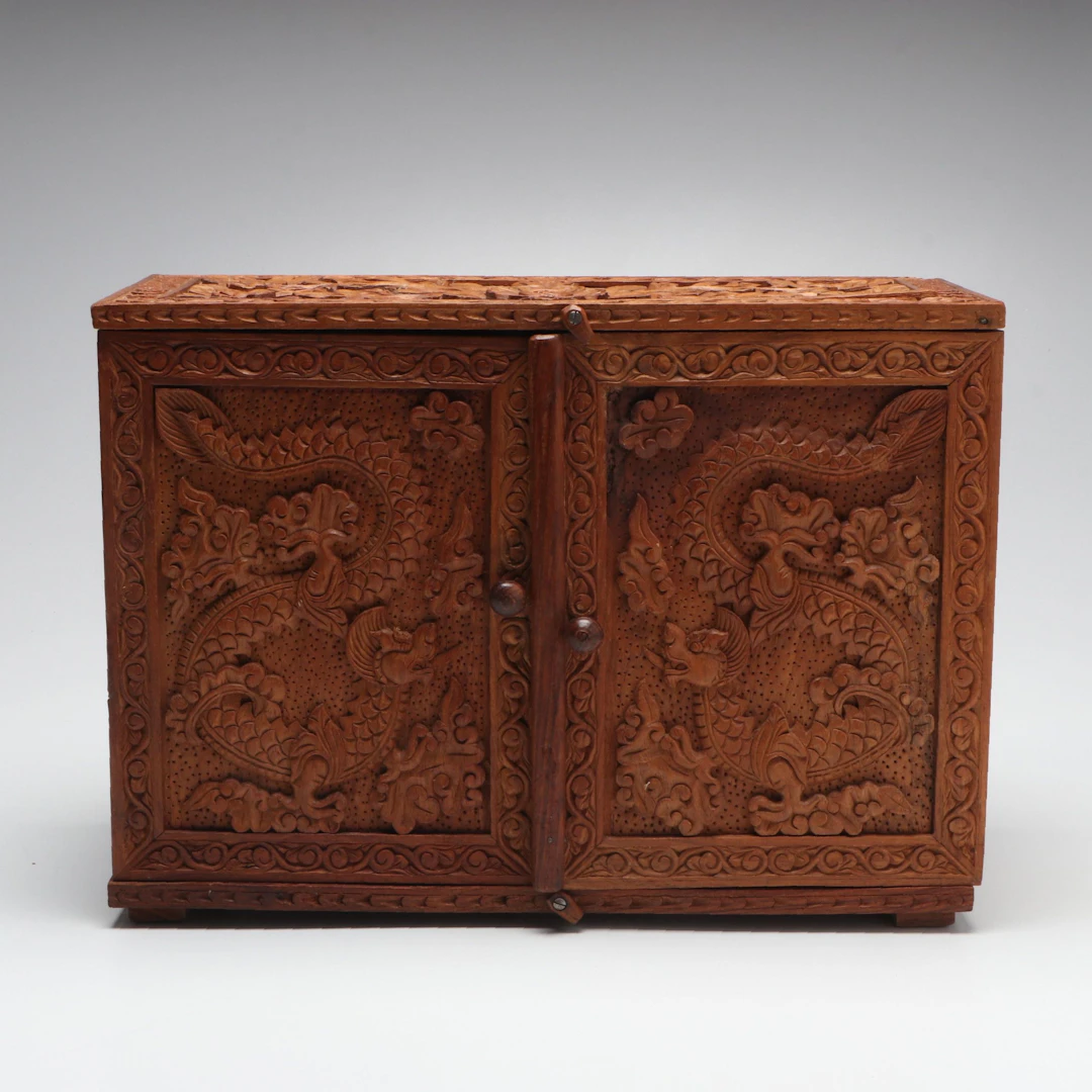 Chinese Hand-Carved Wood Floral Double Dragon Mail Cabinet