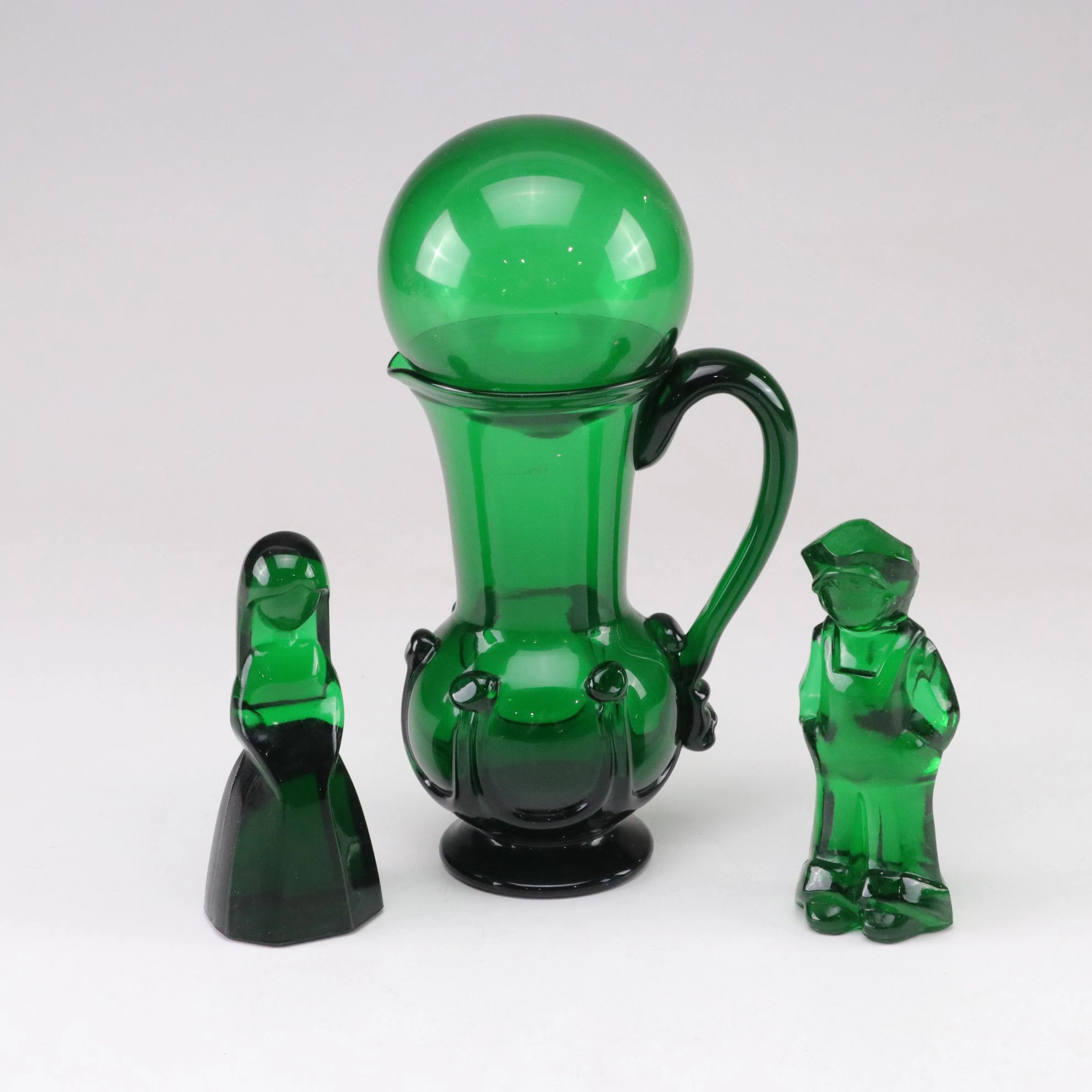 Mosser "Josh and Jenny" Glass Figurines and Emerald Glass Pitcher