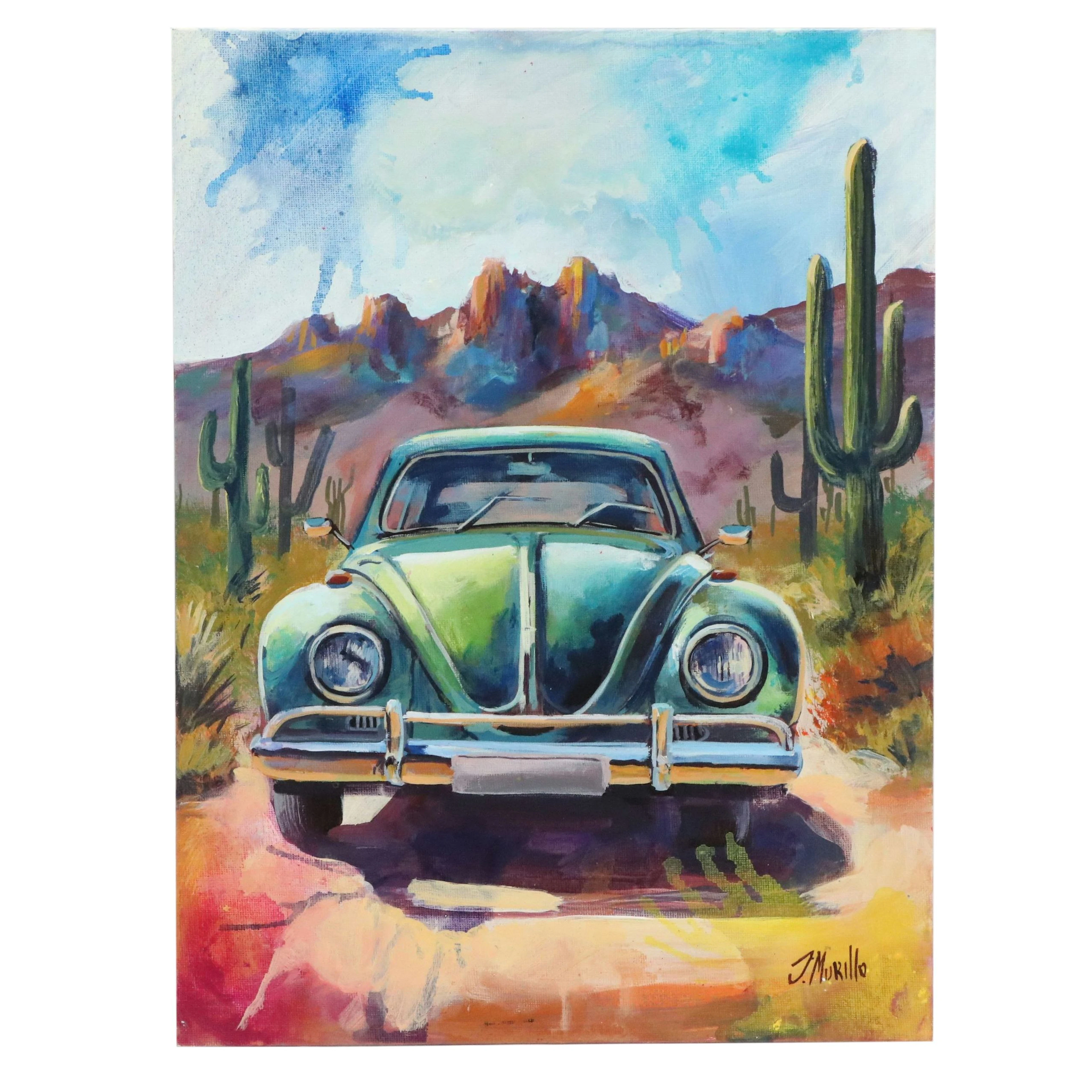J. Murillo Oil Painting of Car in Desert, 21st Century
