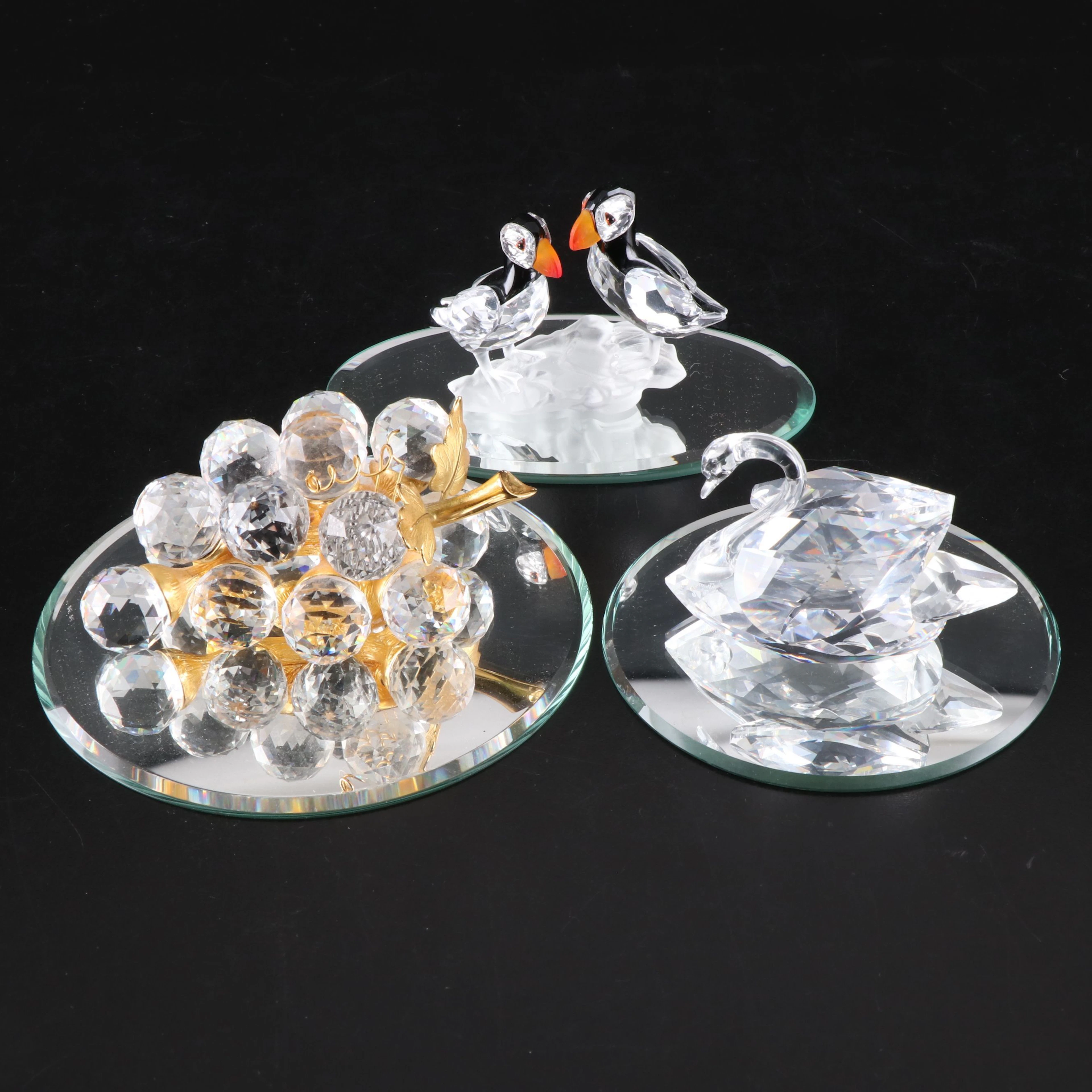 Swarovski "Pair of Puffins" with "Grape Cluster" and "Swan" Crystal Figures