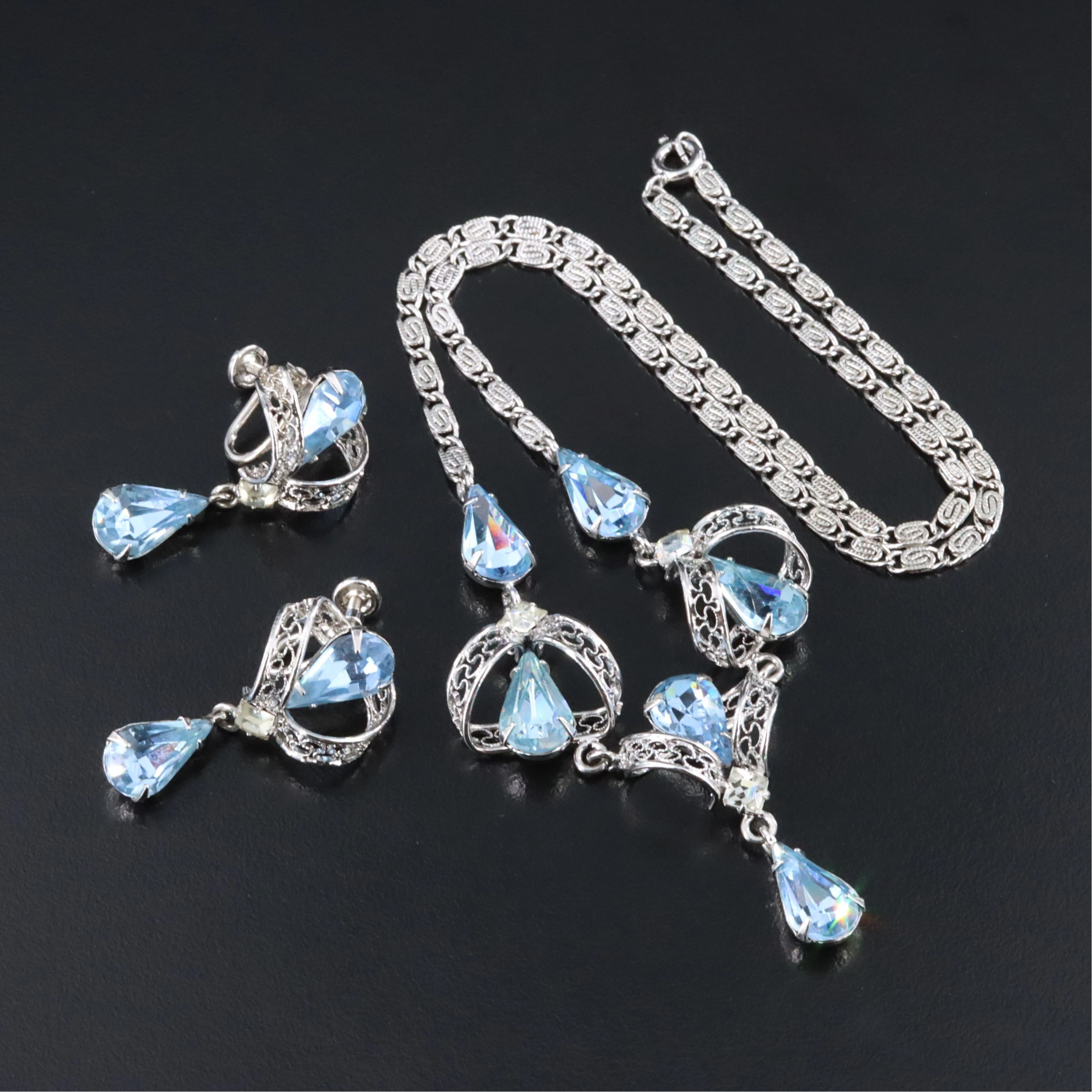 Sterling Rhinestone Drop Earrings and Garland Style Necklace