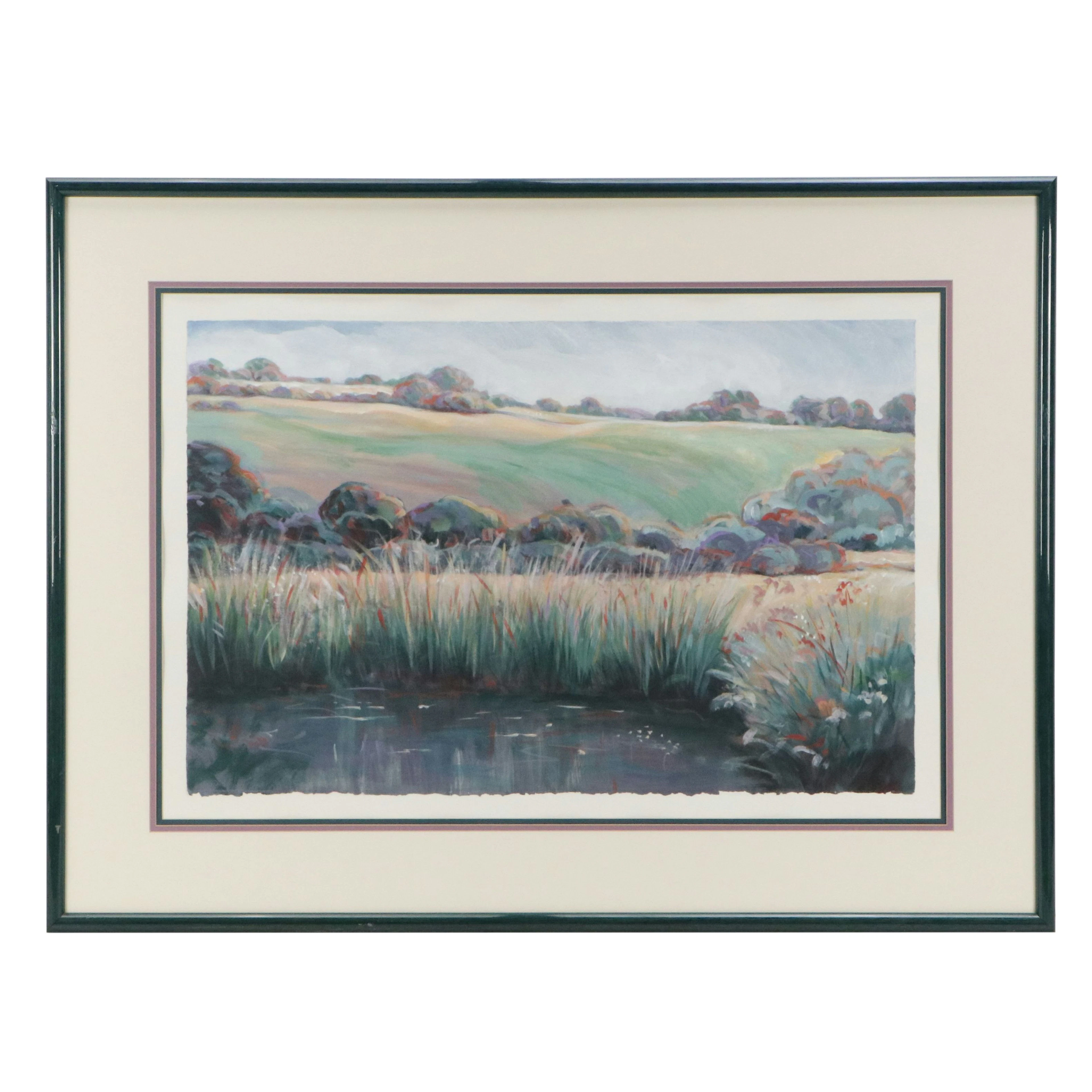 Impressionist Style Gouache Landscape Painting, Late 20th Century
