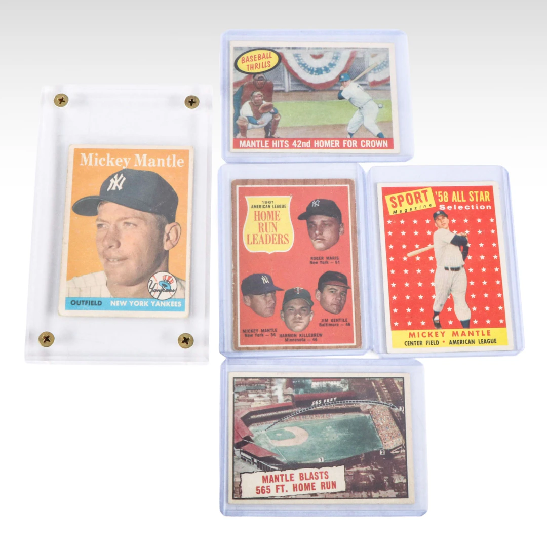 Five 1958 to 1962 Mickey Mantle Topps Baseball Cards