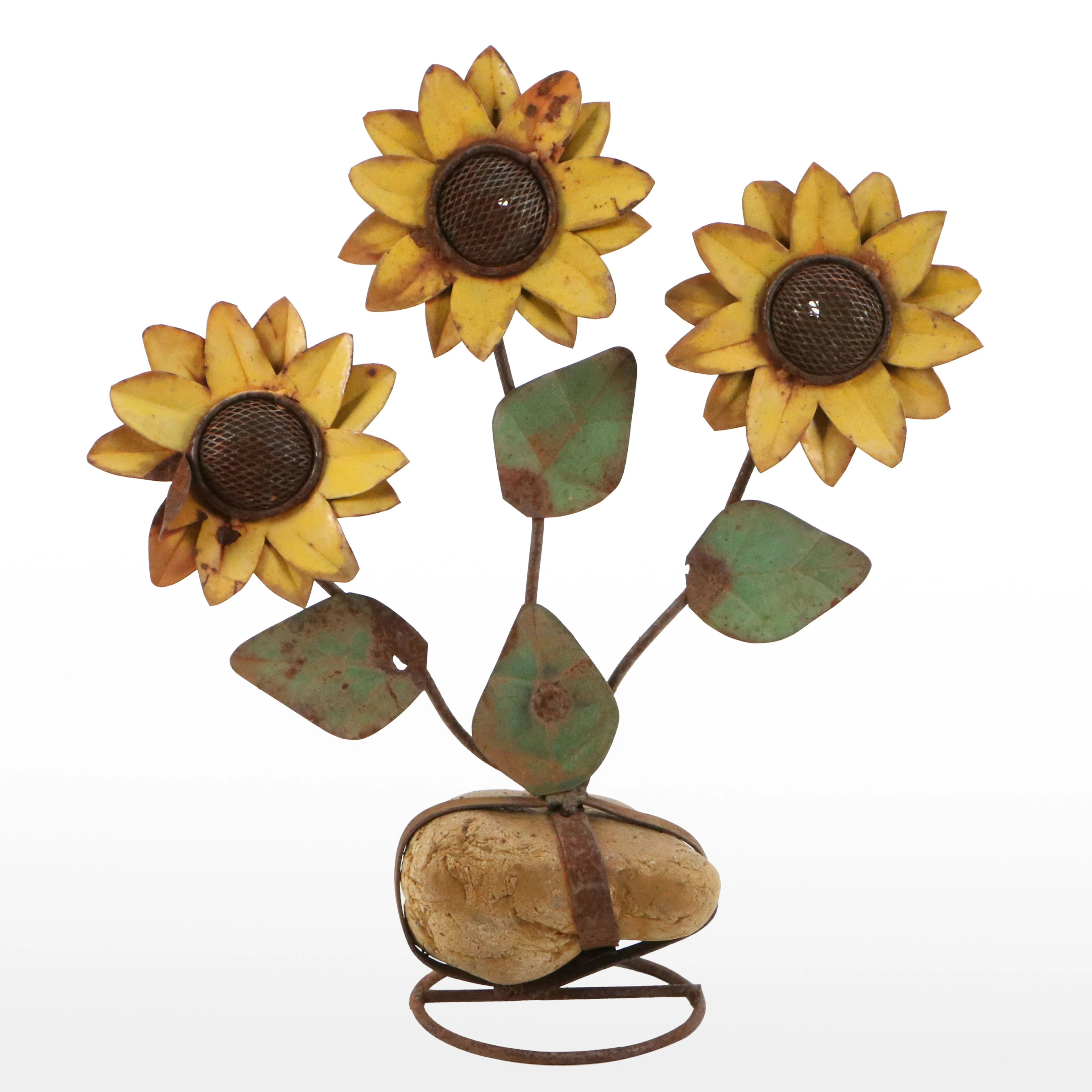 Folk Art Lacquered Metal Cutout and Stone Sculpture of Sunflowers, Circa 1990