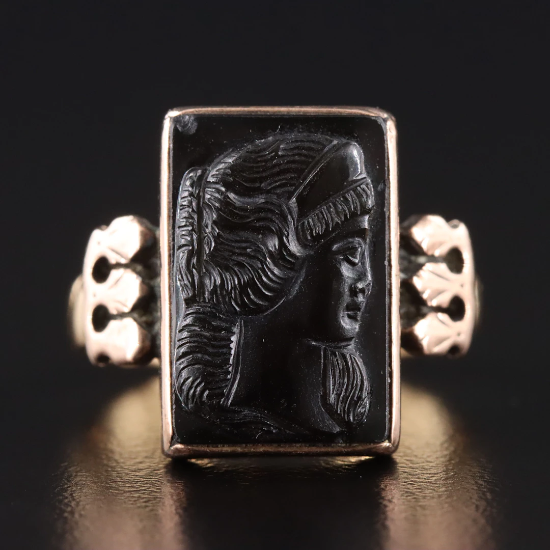 Victorian 18K and 10K Black Onyx Cameo Ring