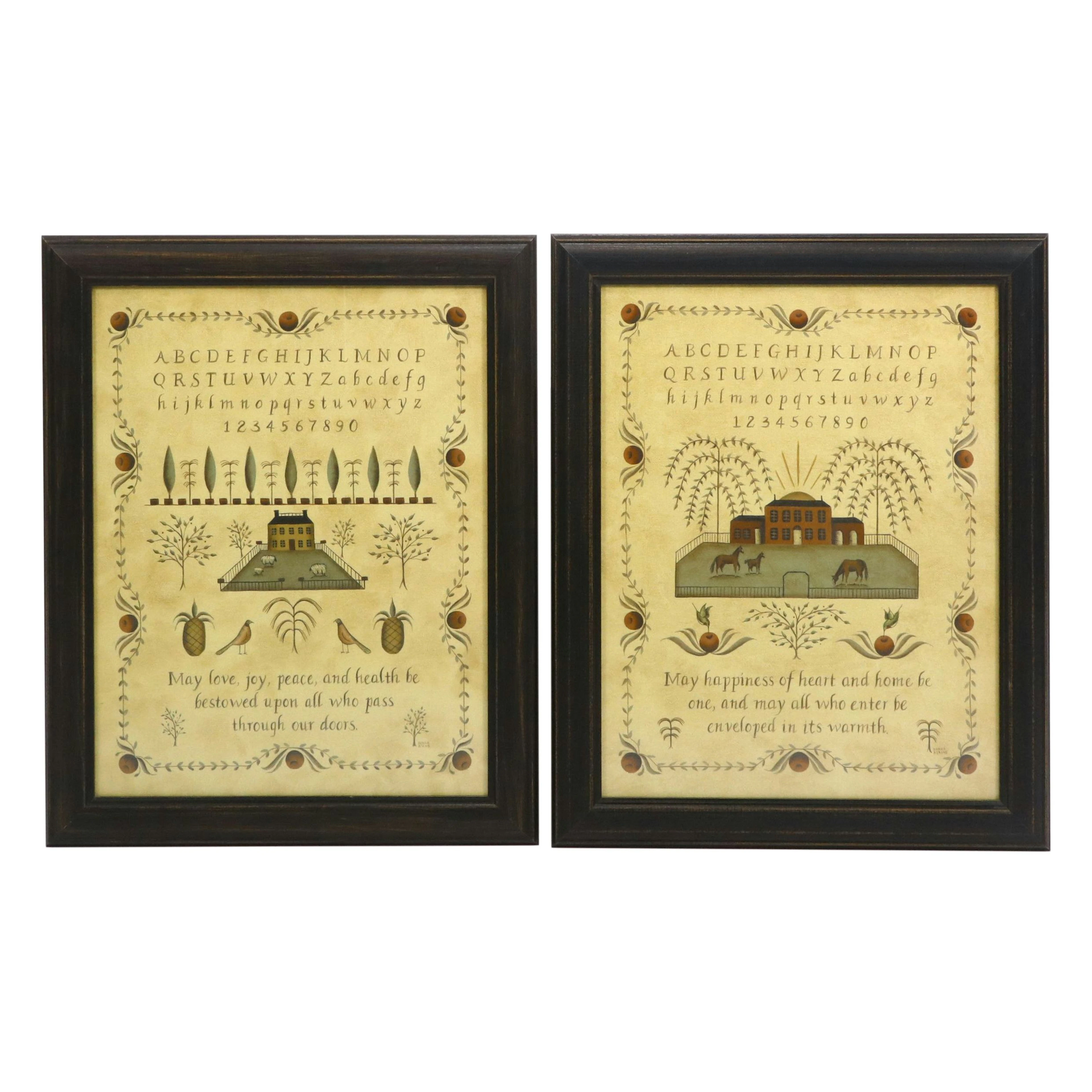 Donna Atkins American Primitive Style Framed Alphabet Prints