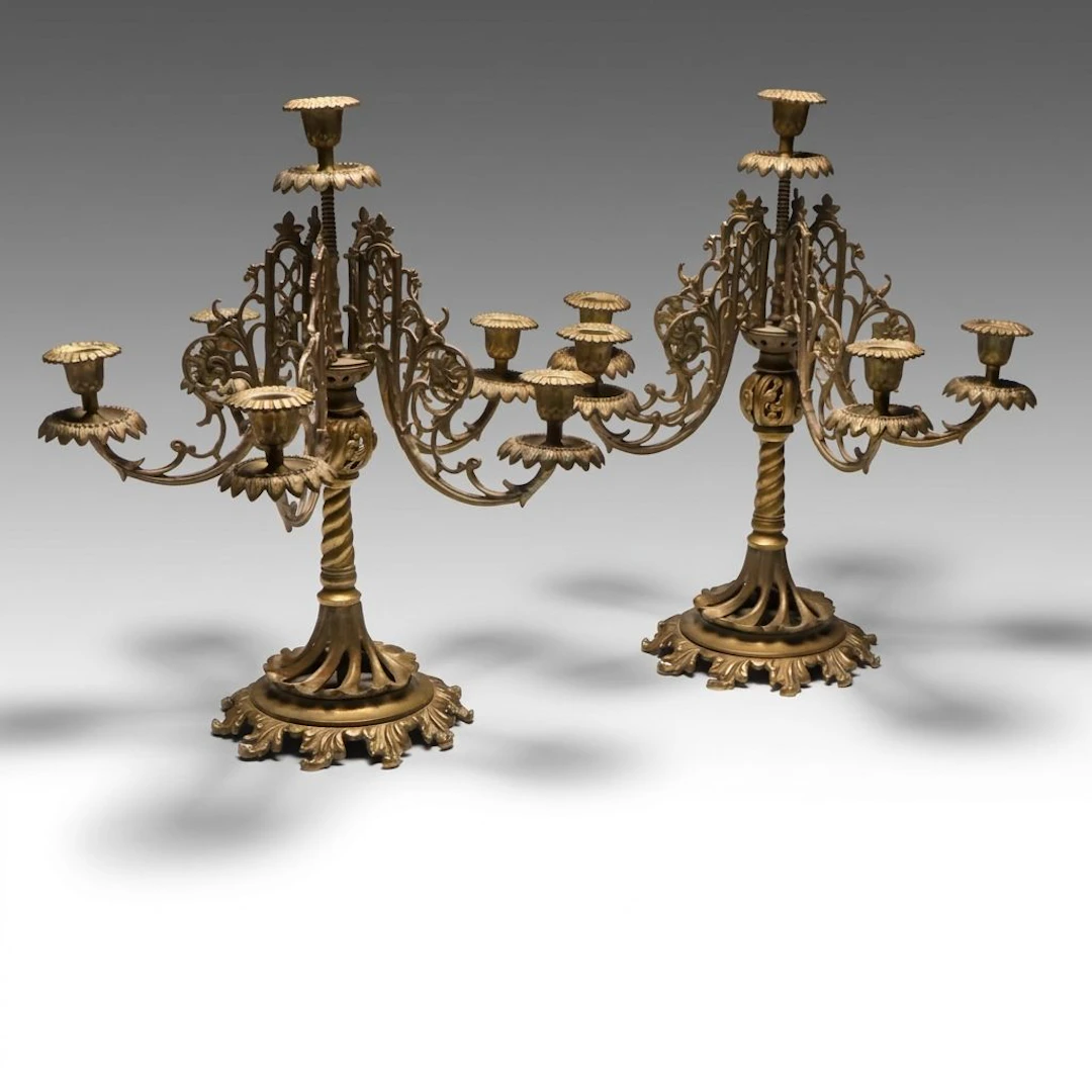 Baroque Style Brass Finish Six-Arm Candelabra Pair