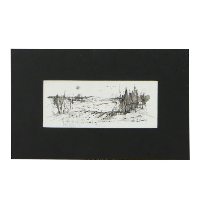 Charles E. Barnes Mixed Media Landscape Drawing, 1996