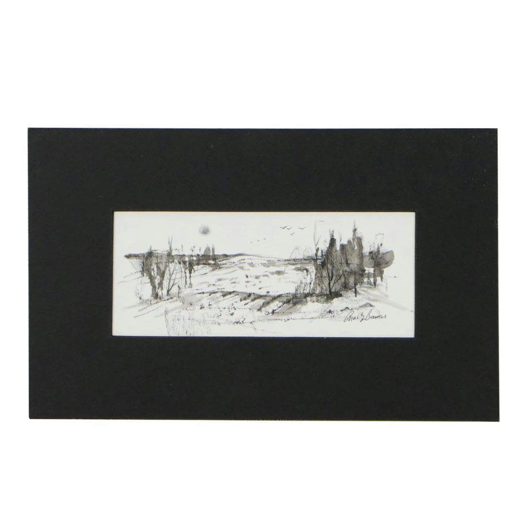Charles E. Barnes Mixed Media Landscape Drawing, 1996