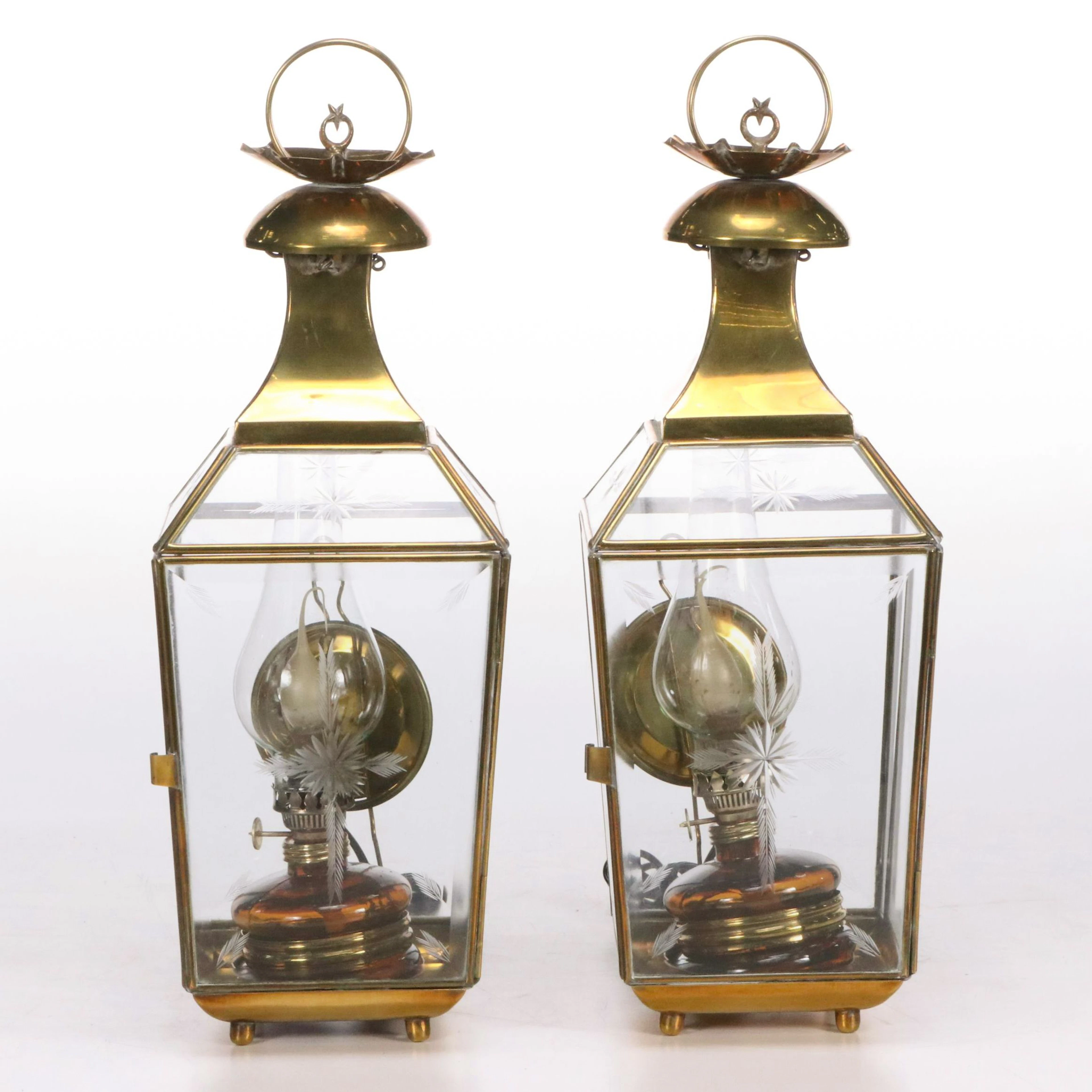 Turkish Yuksel Lambalari Lamps with Etched Glass & Brass Lantern Covers