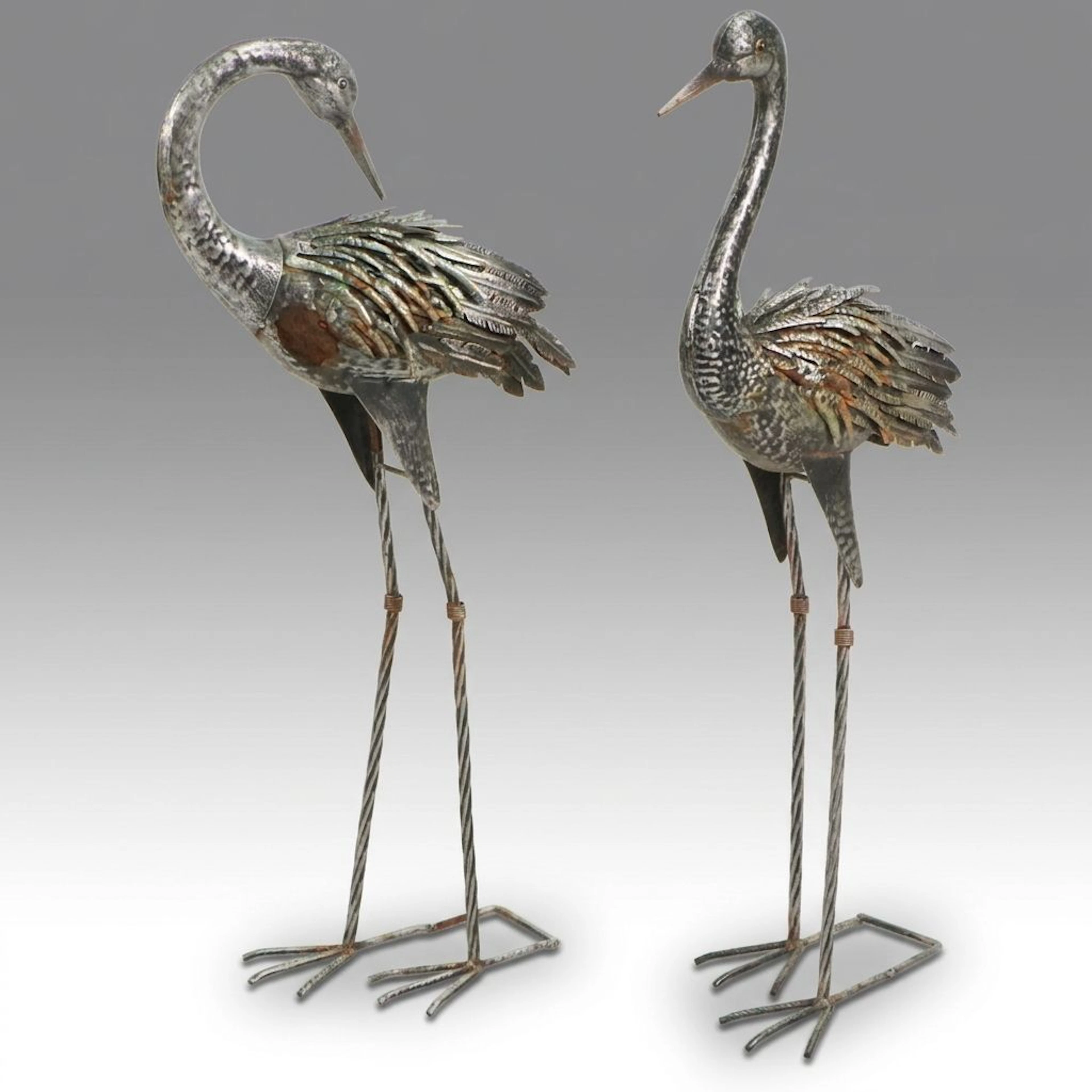 Silvered Metal Crane Garden Statues