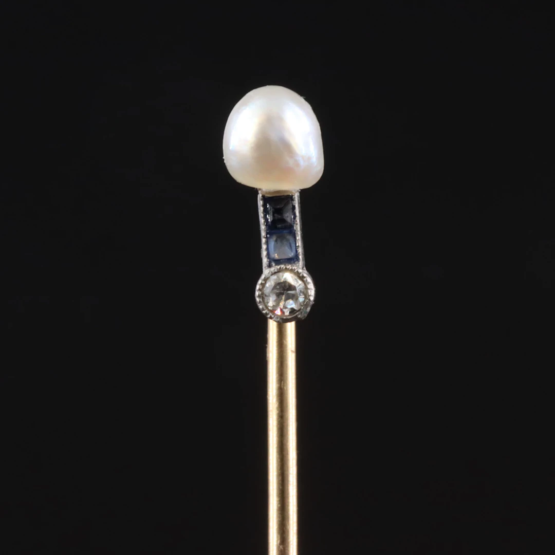 Antique 14K Stickpin with Platinum, Pearl, Sapphire & Diamond Accent