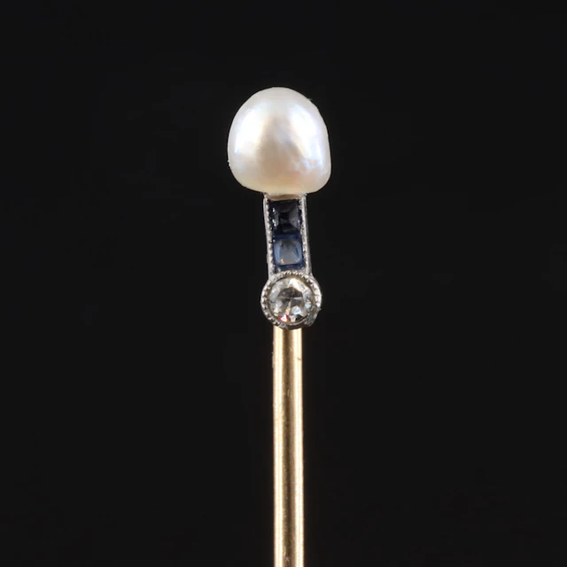 Antique 14K Stickpin with Platinum, Pearl, Sapphire & Diamond Accent