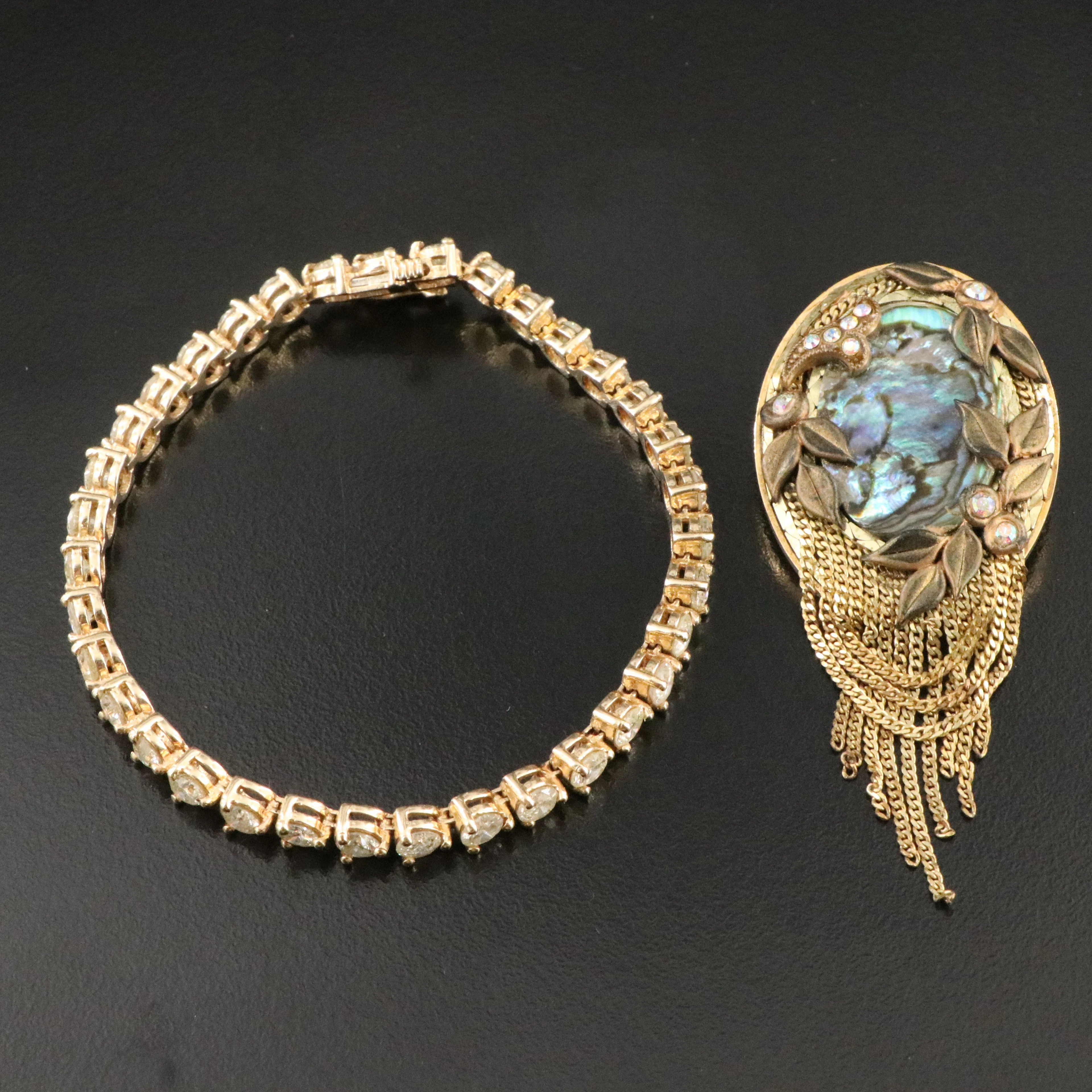 14K 7.87 CTW Diamond Line Bracelet with Vintage Marena (Germany) Abalone Brooch