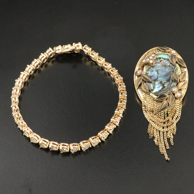 14K 7.87 CTW Diamond Line Bracelet with Vintage Marena (Germany) Abalone Brooch