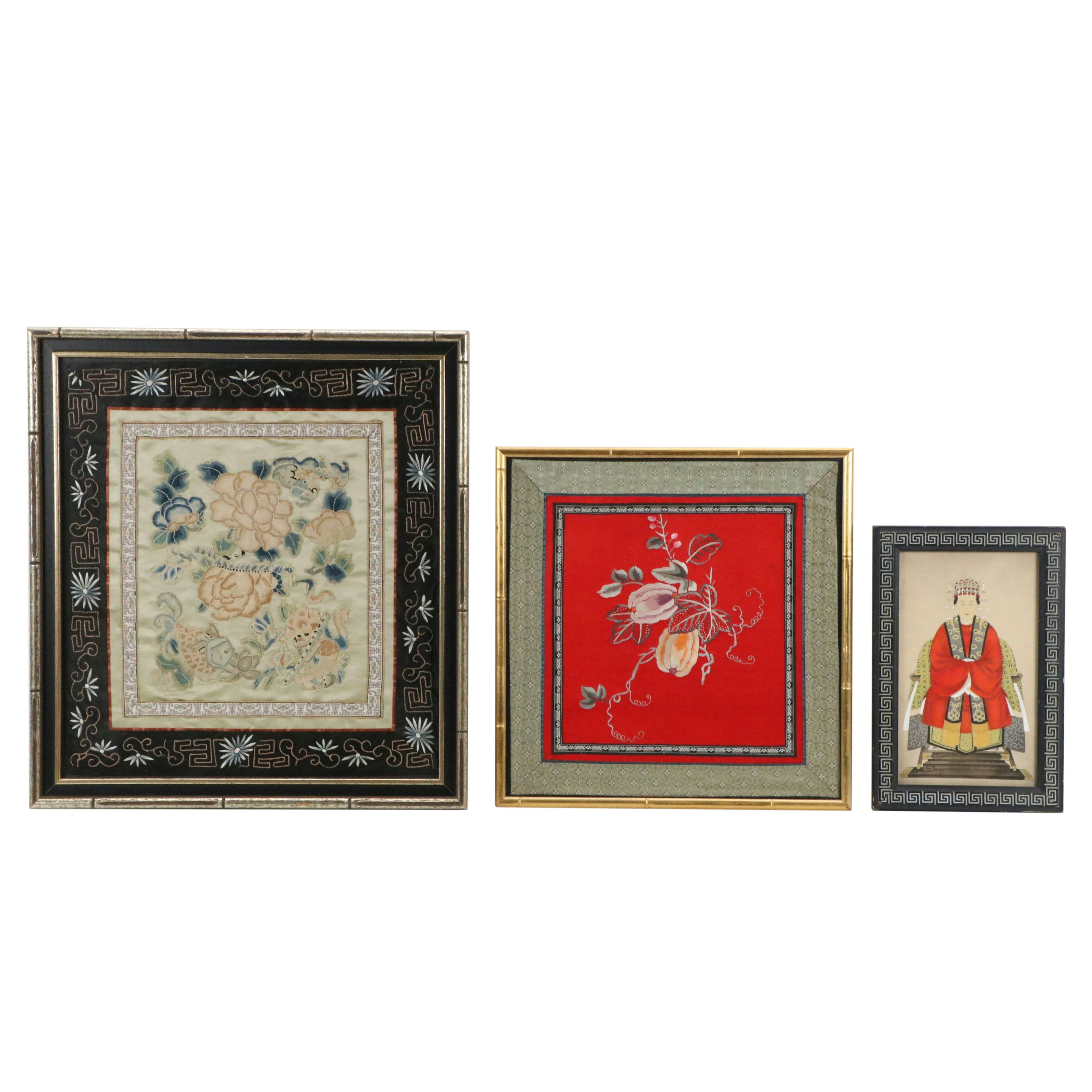 Chinese Silk Floral Needlework Embroidery Panels, Early 20th Century
