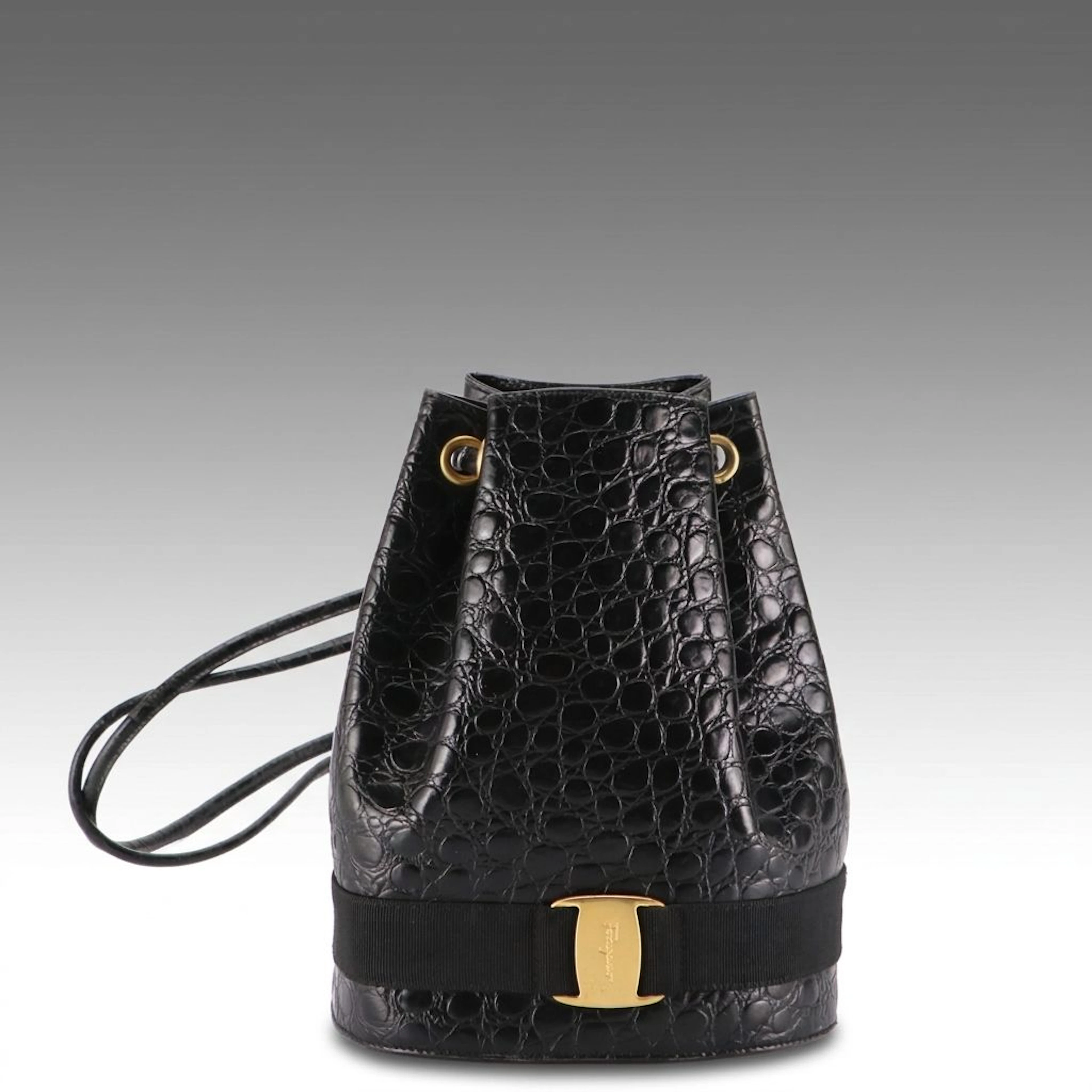 Salvadore Ferragamo Bucket Backpack in Black Crocodile Embossed Leather