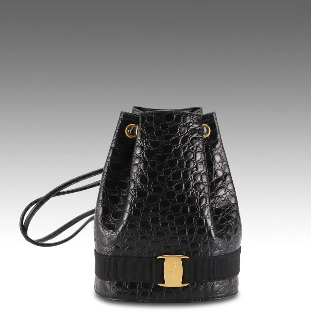 Salvadore Ferragamo Bucket Backpack in Black Crocodile Embossed Leather