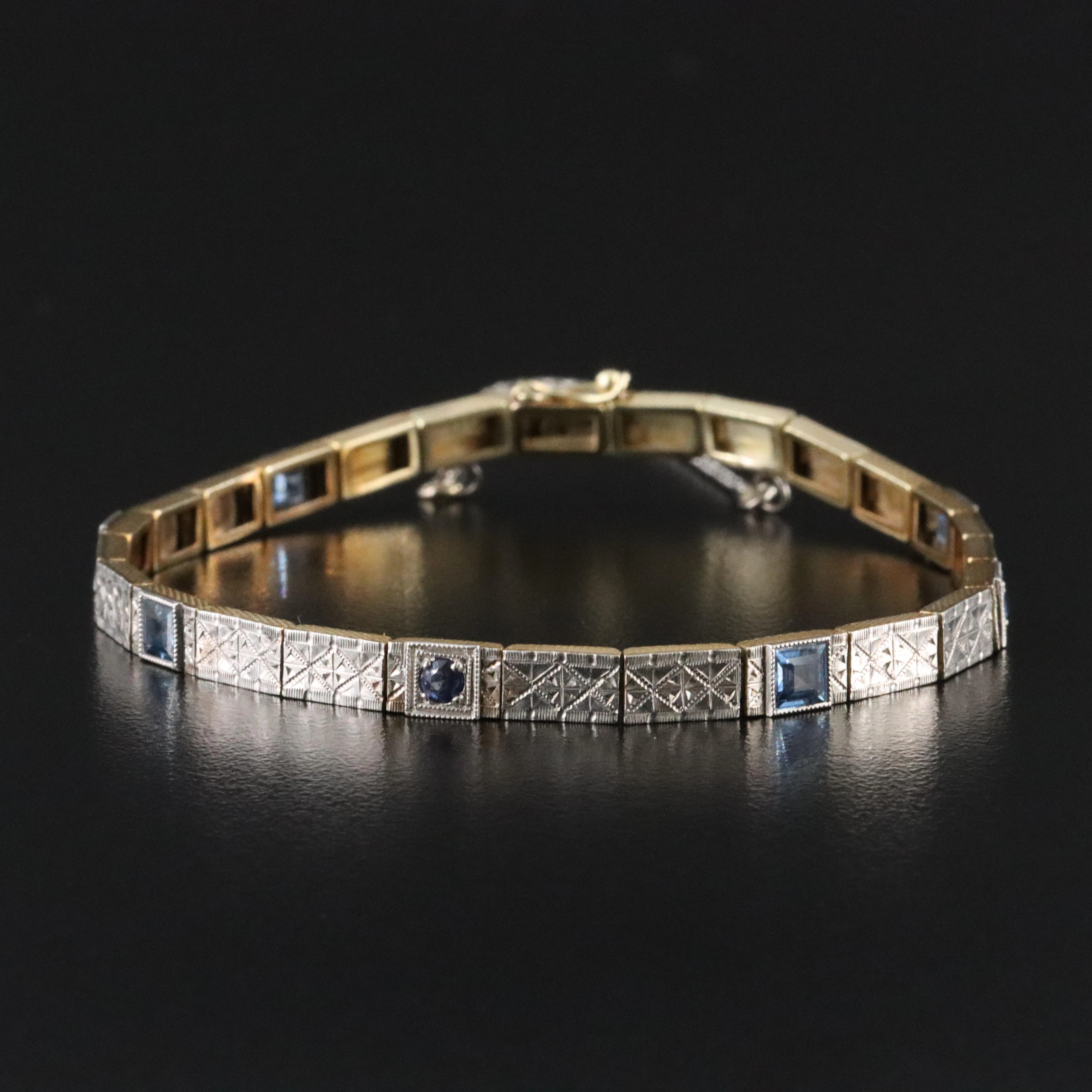 Art Deco 14K Sapphire and Kyanite Line Bracelet with Platinum Top