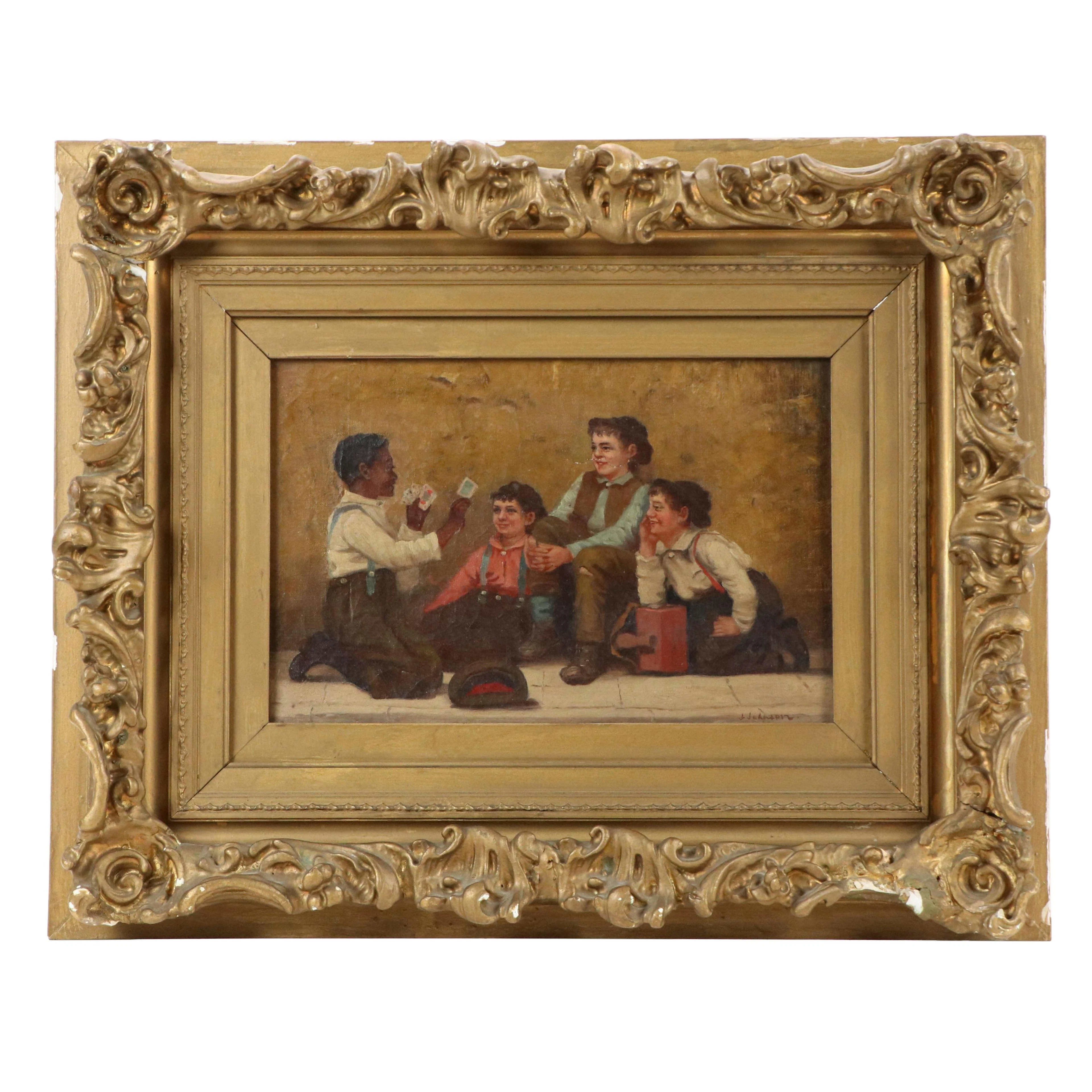 J. Johnson Oil Painting of Young Boys Watching Card Trick