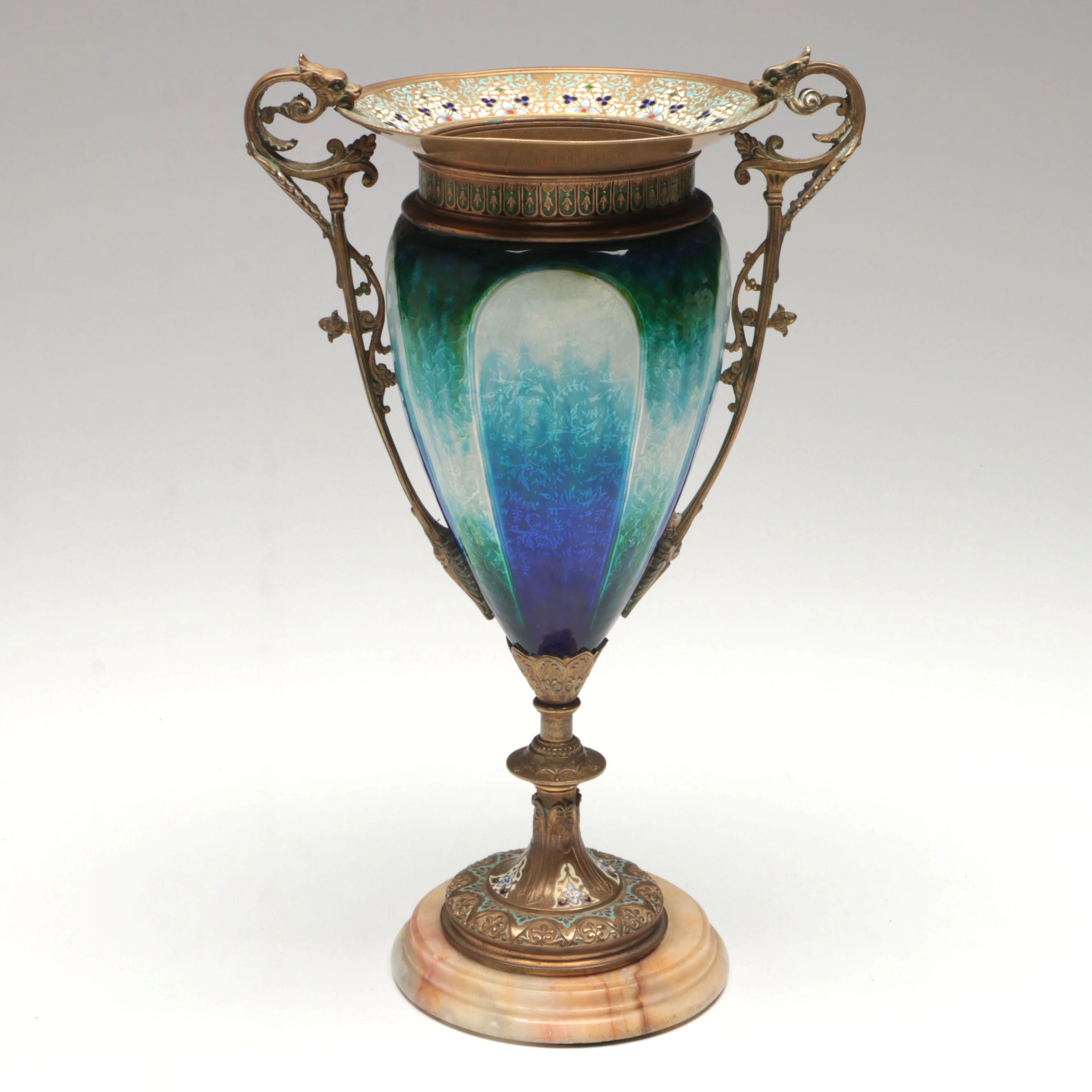 French Belle Époque Plique-à-Jour Enamel and Gilt-Bronze Mounted Onyx Vase