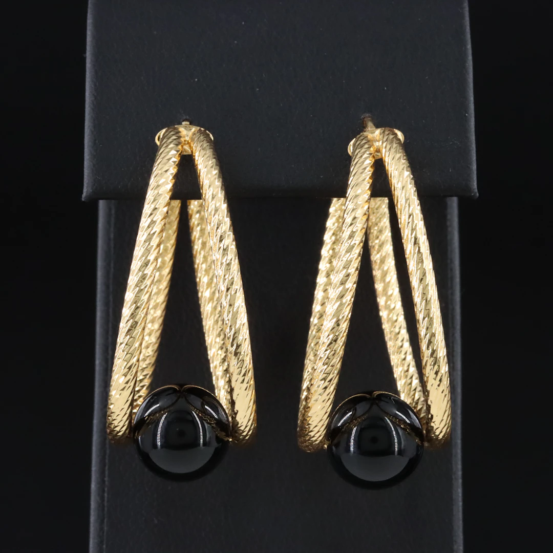 Italian Sterling Double Hoop Black Onyx Earrings