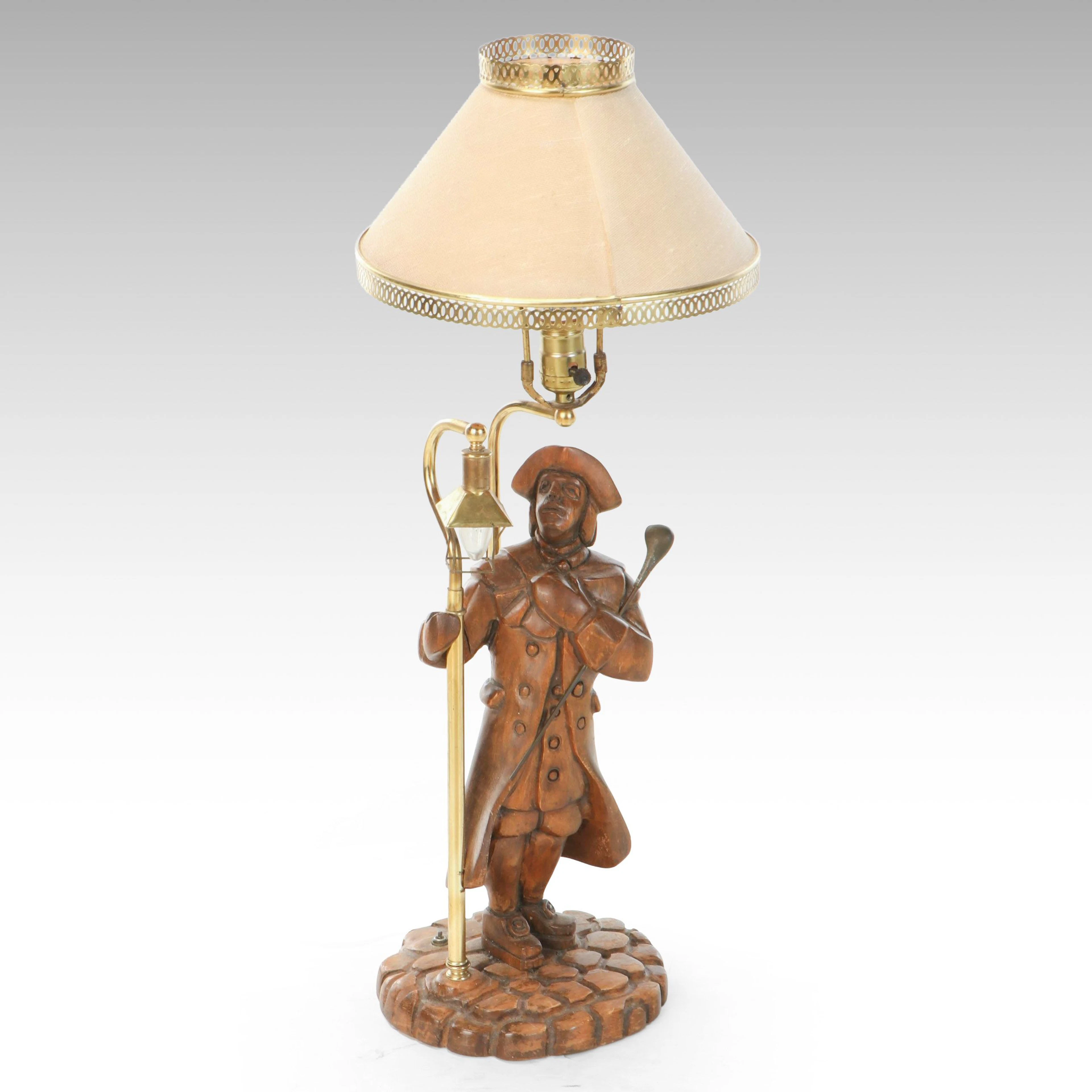 Carved Wood Colonial Lamplighter Table Lamp, Mid to Late 20th C.