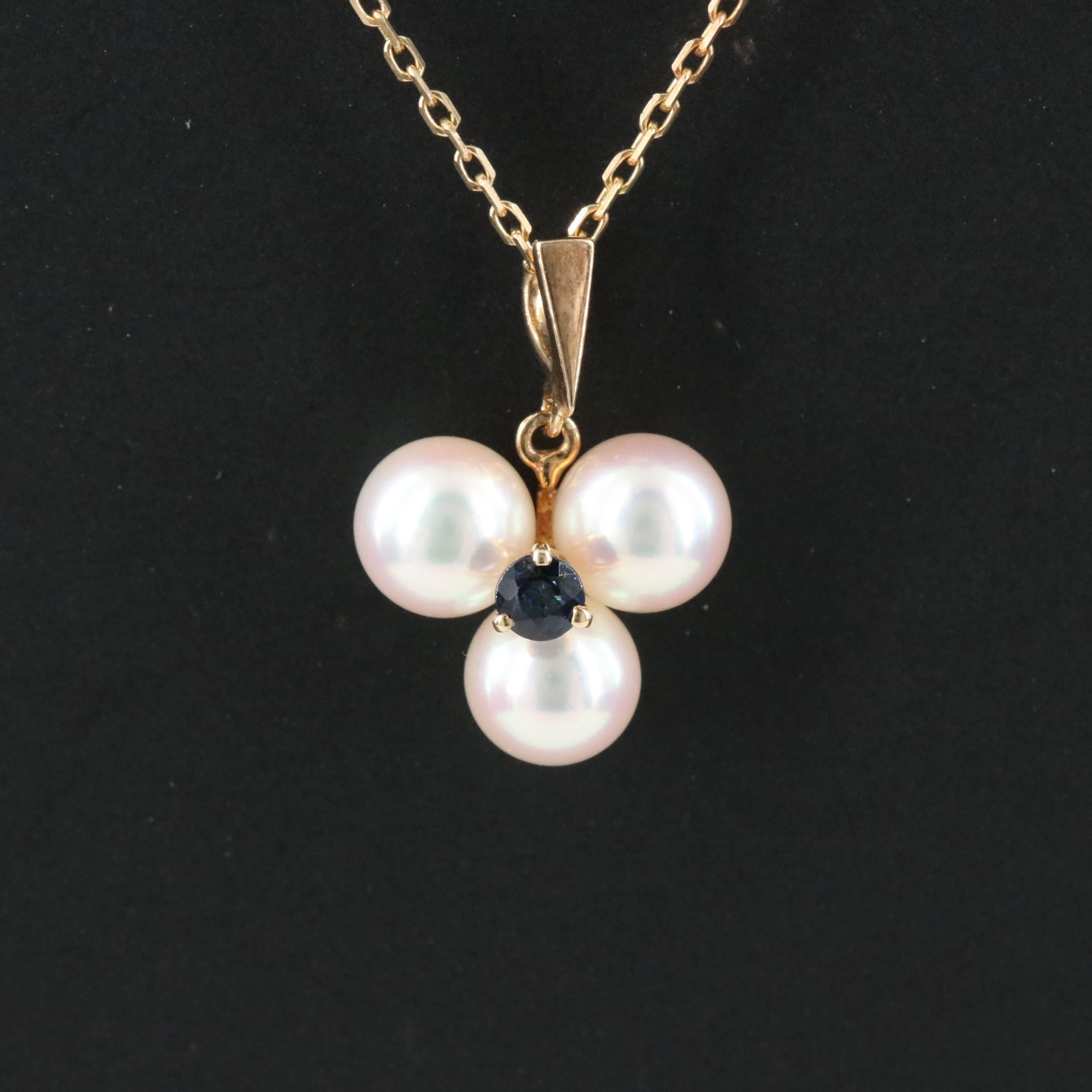 Mikimoto 14K Pearl and Sapphire Trillium Pendant Necklace