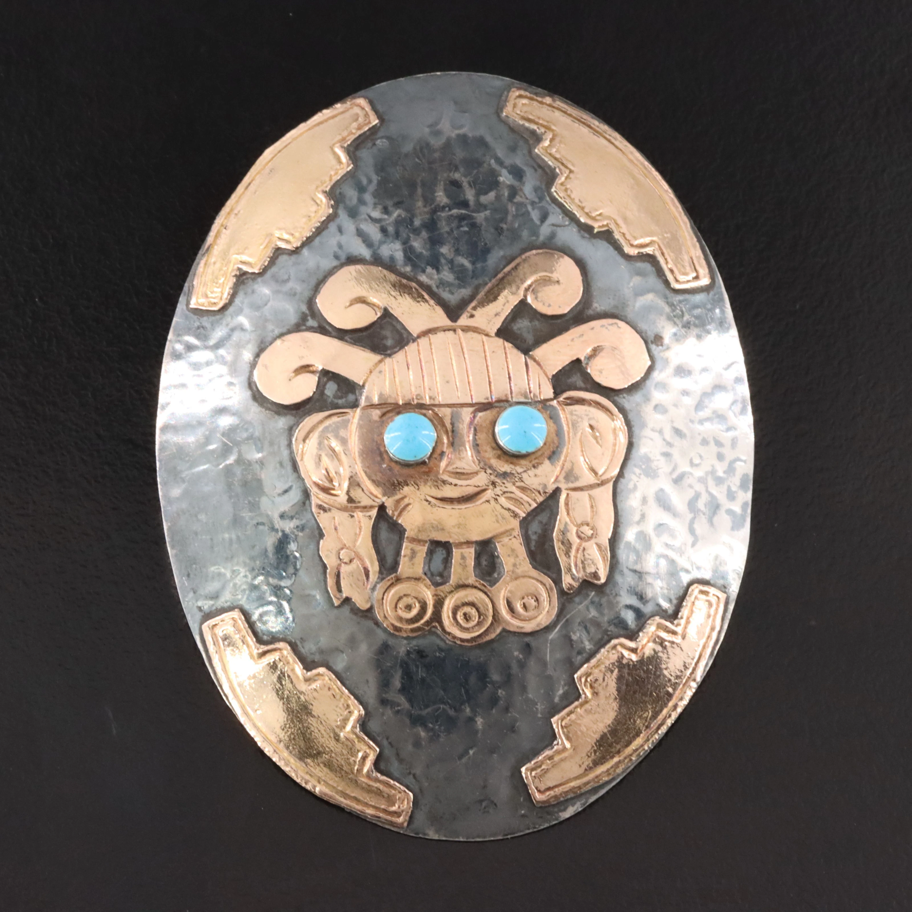 Pre-Columbian Style Sterling & 18K Rose Gold Brooch/Pendant with Glass Eyes